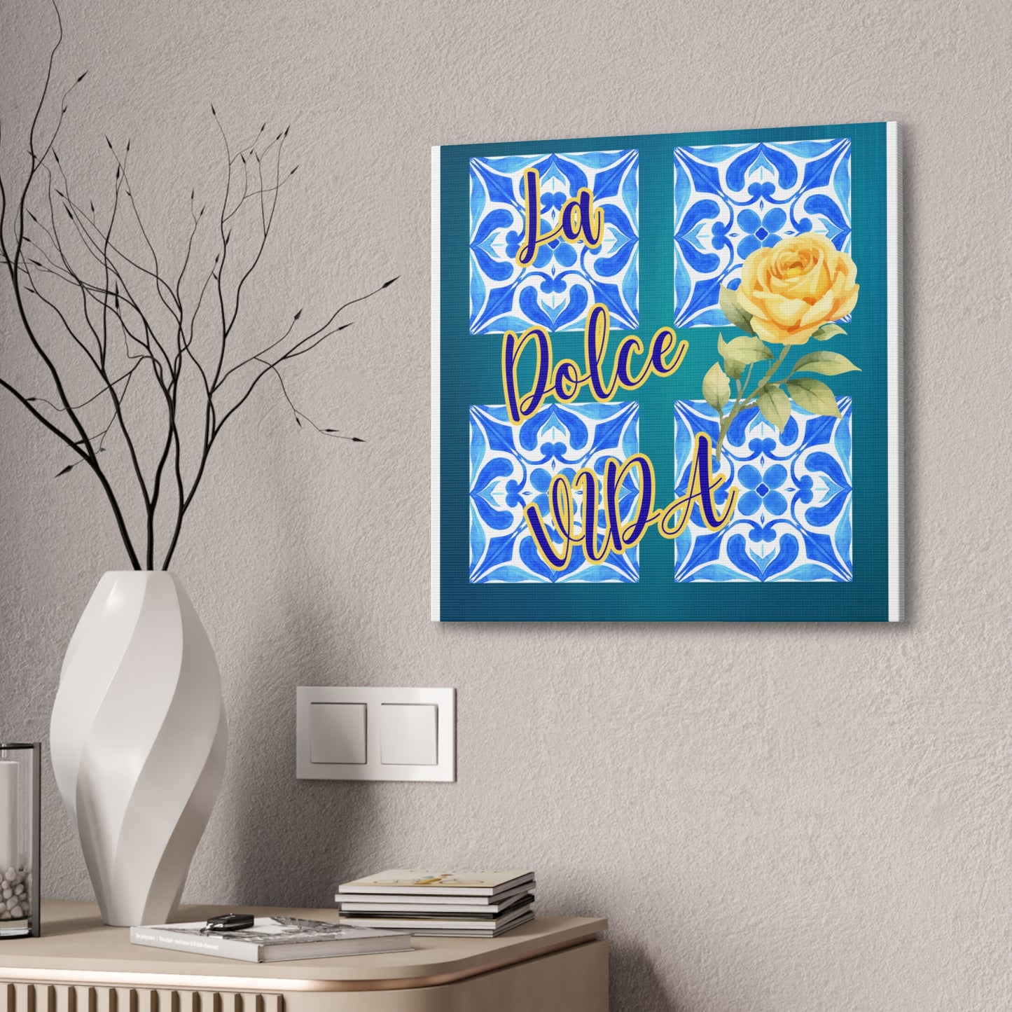 La Dolce Vida Canvas Wall Art – Yellow Rose & Blue Tile Stretched Canvas