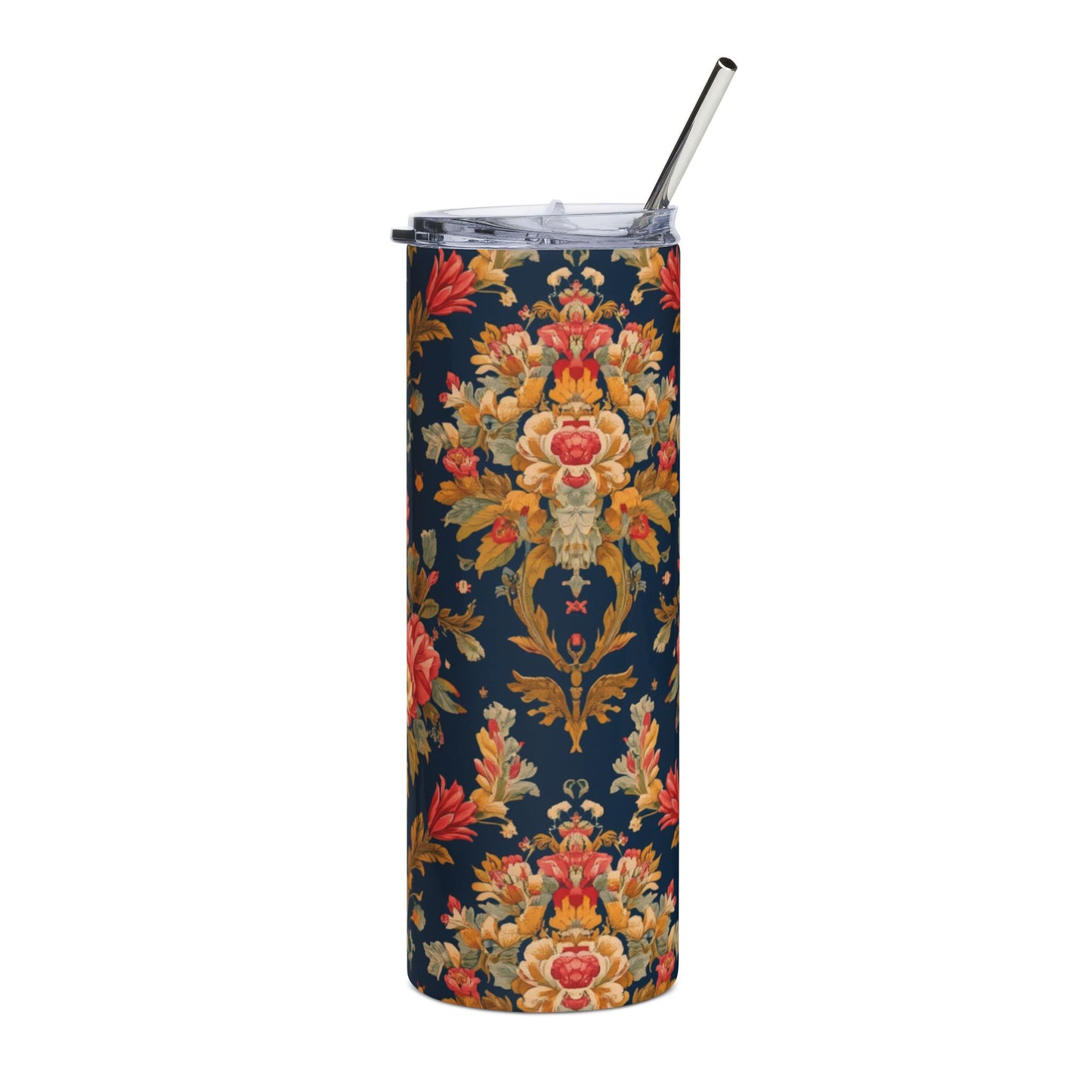 20oz Floral Damask Tumbler — Navy Vintage Rose Stainless Steel Travel Cup