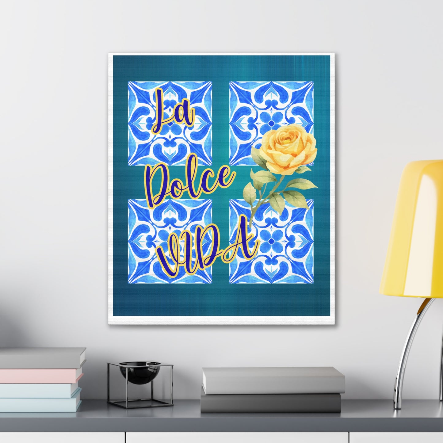 La Dolce Vida Canvas Wall Art – Yellow Rose & Blue Tile Stretched Canvas