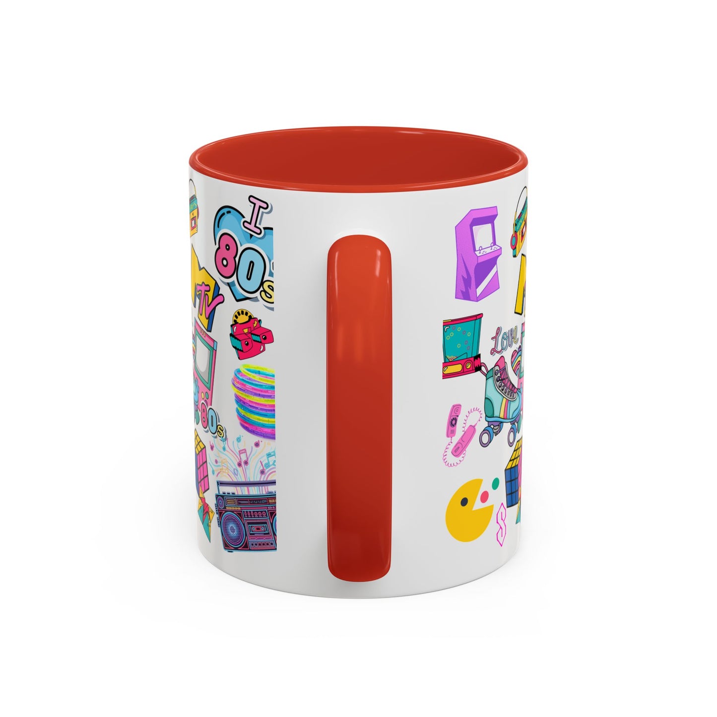 80s Retro Icons Accent Coffee Mug — Vintage MTV, Cassette & Arcade Pattern (11/15oz)