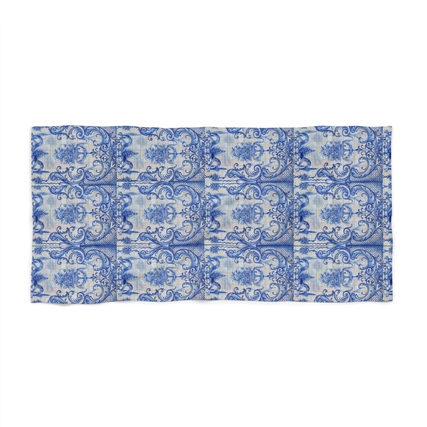 Blue Delft Tile Beach Towel – Vintage Floral Nautical Design