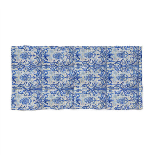 Blue Delft Tile Beach Towel – Vintage Floral Nautical Design