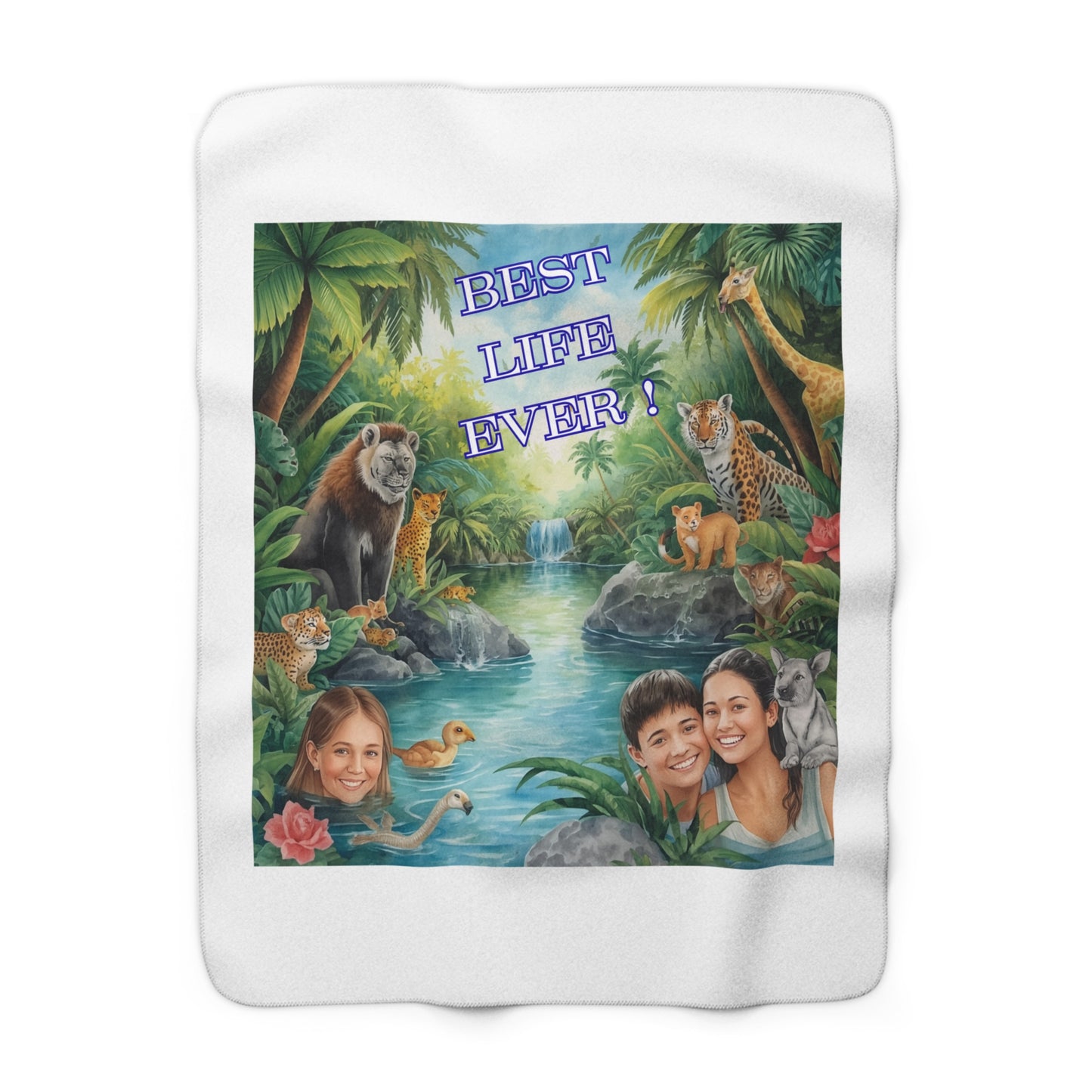 "BEST LIFE EVER!" Sherpa Blanket — Personalized Tropical Animal Throw