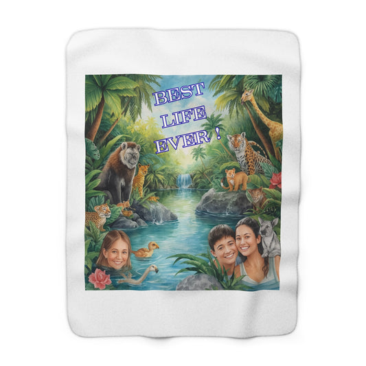"BEST LIFE EVER!" Sherpa Blanket — Personalized Tropical Animal Throw