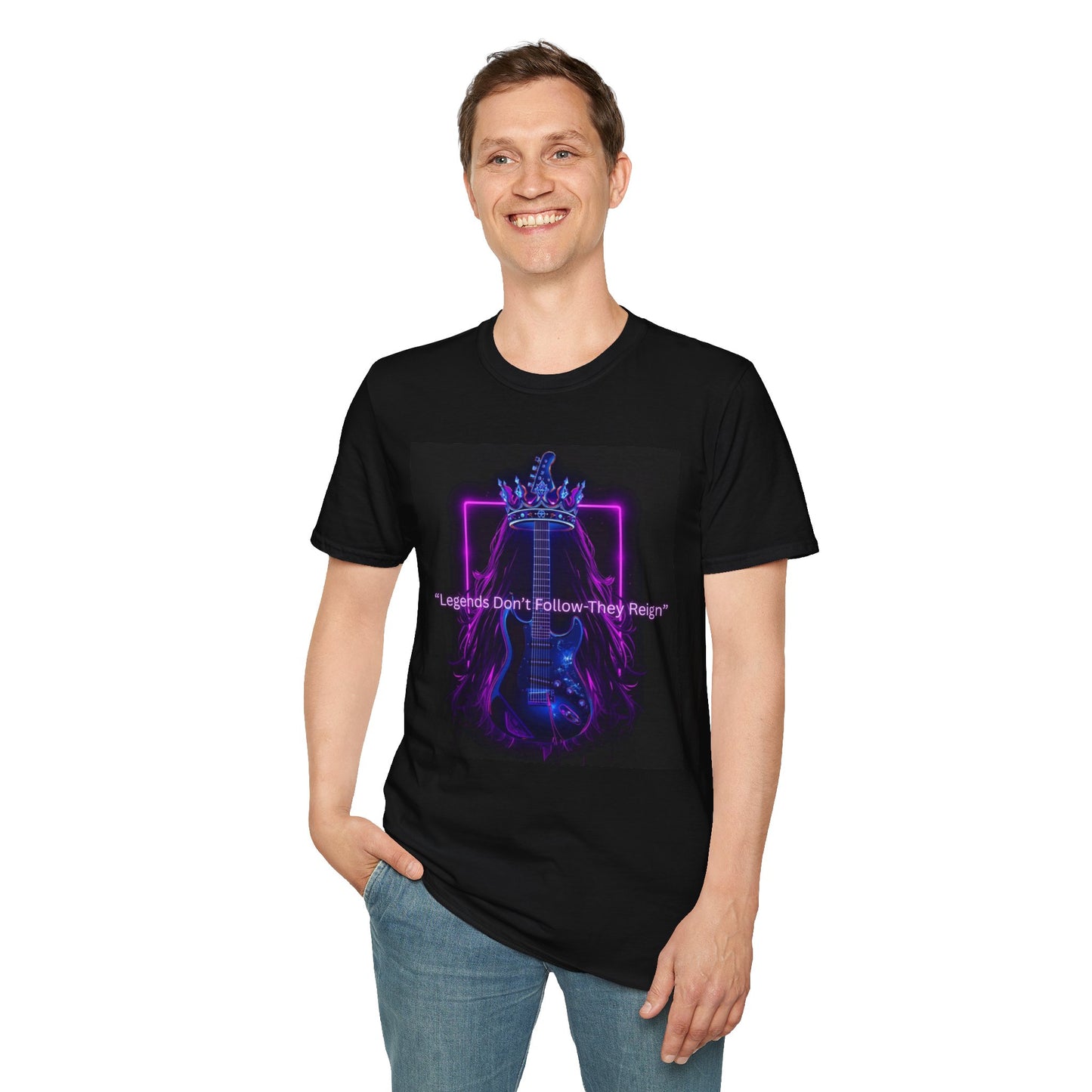 Rock Guitar T-Shirt - "Leaders Don’t Follow, They Reign" Neon Crown Design