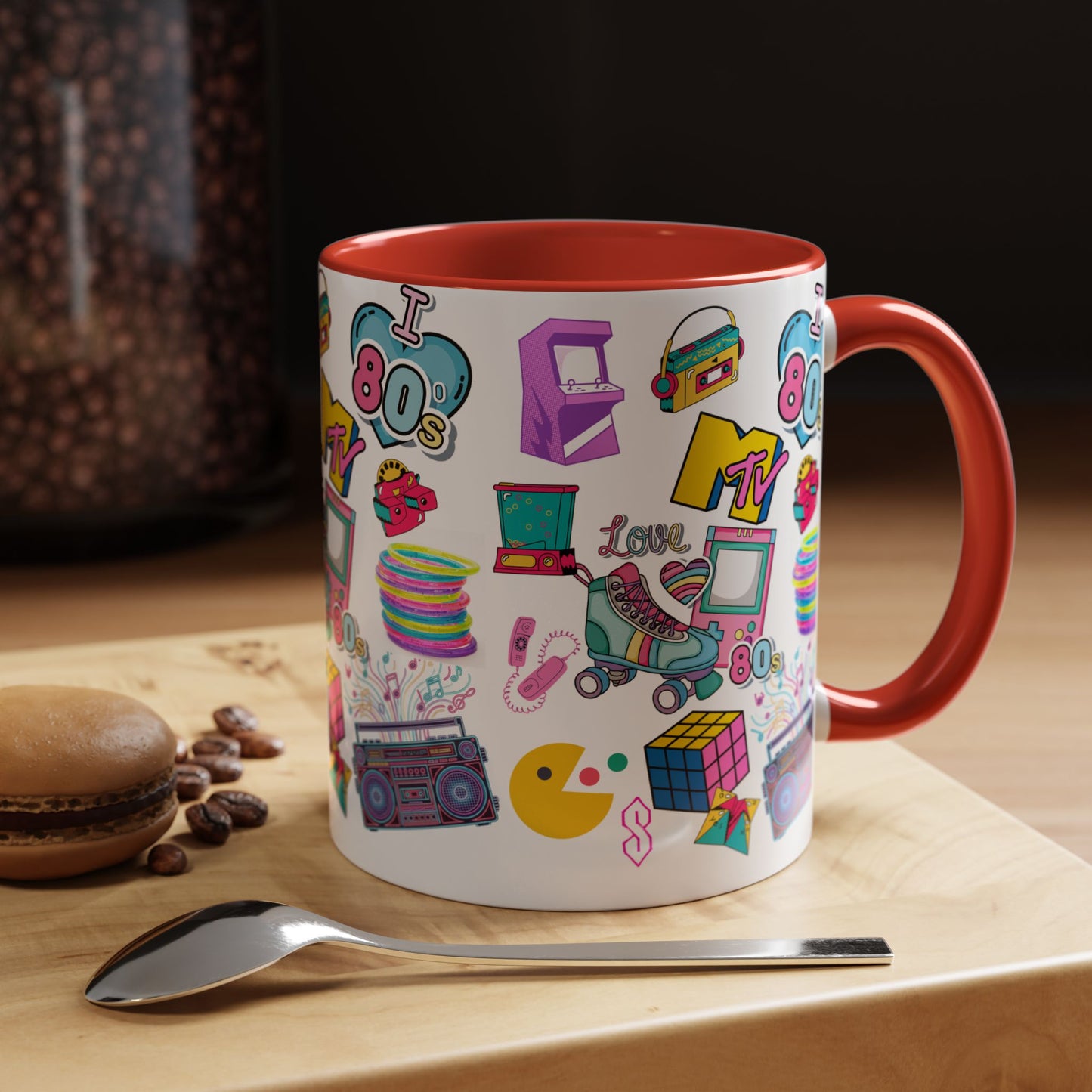 80s Retro Icons Accent Coffee Mug — Vintage MTV, Cassette & Arcade Pattern (11/15oz)