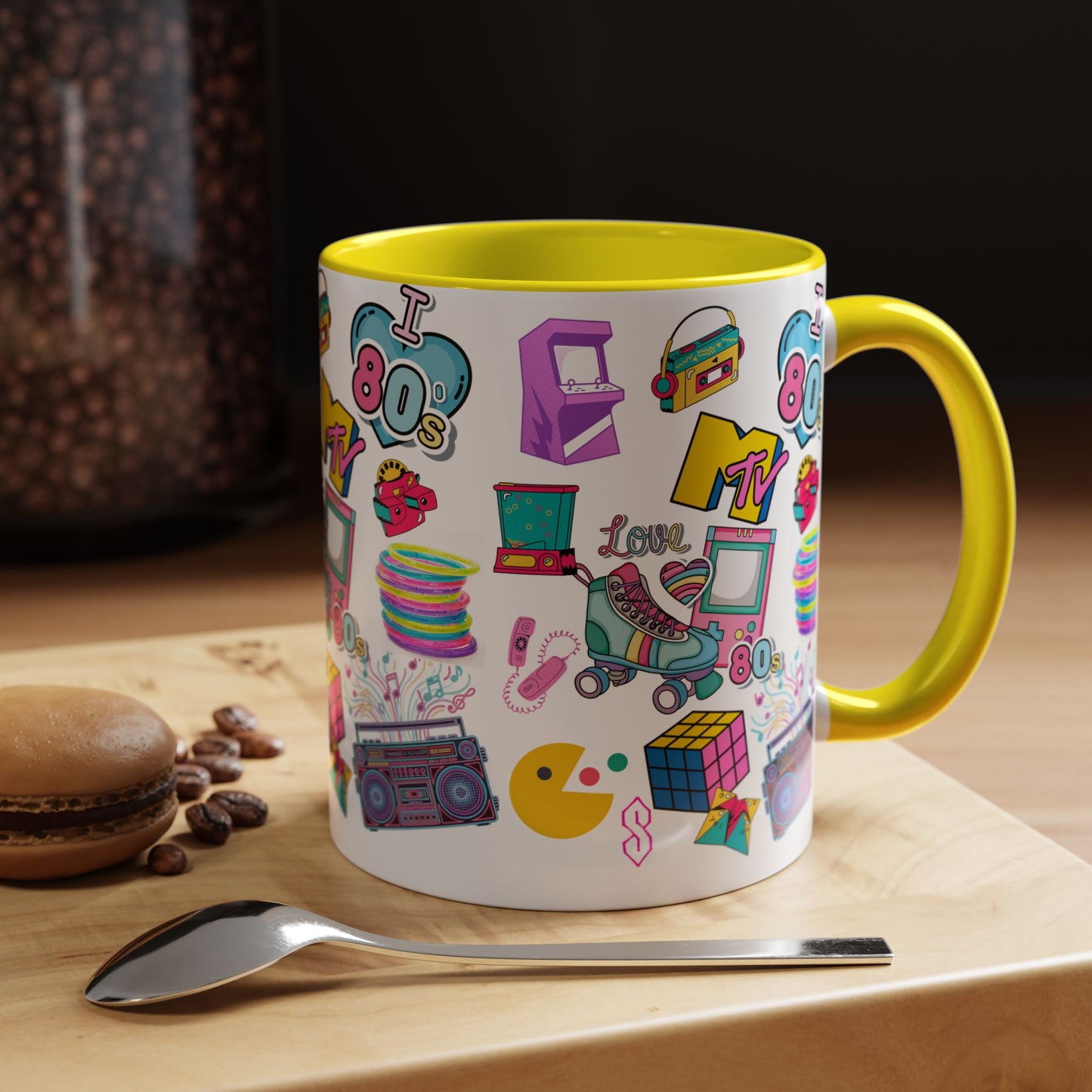 80s Retro Icons Accent Coffee Mug — Vintage MTV, Cassette & Arcade Pattern (11/15oz)