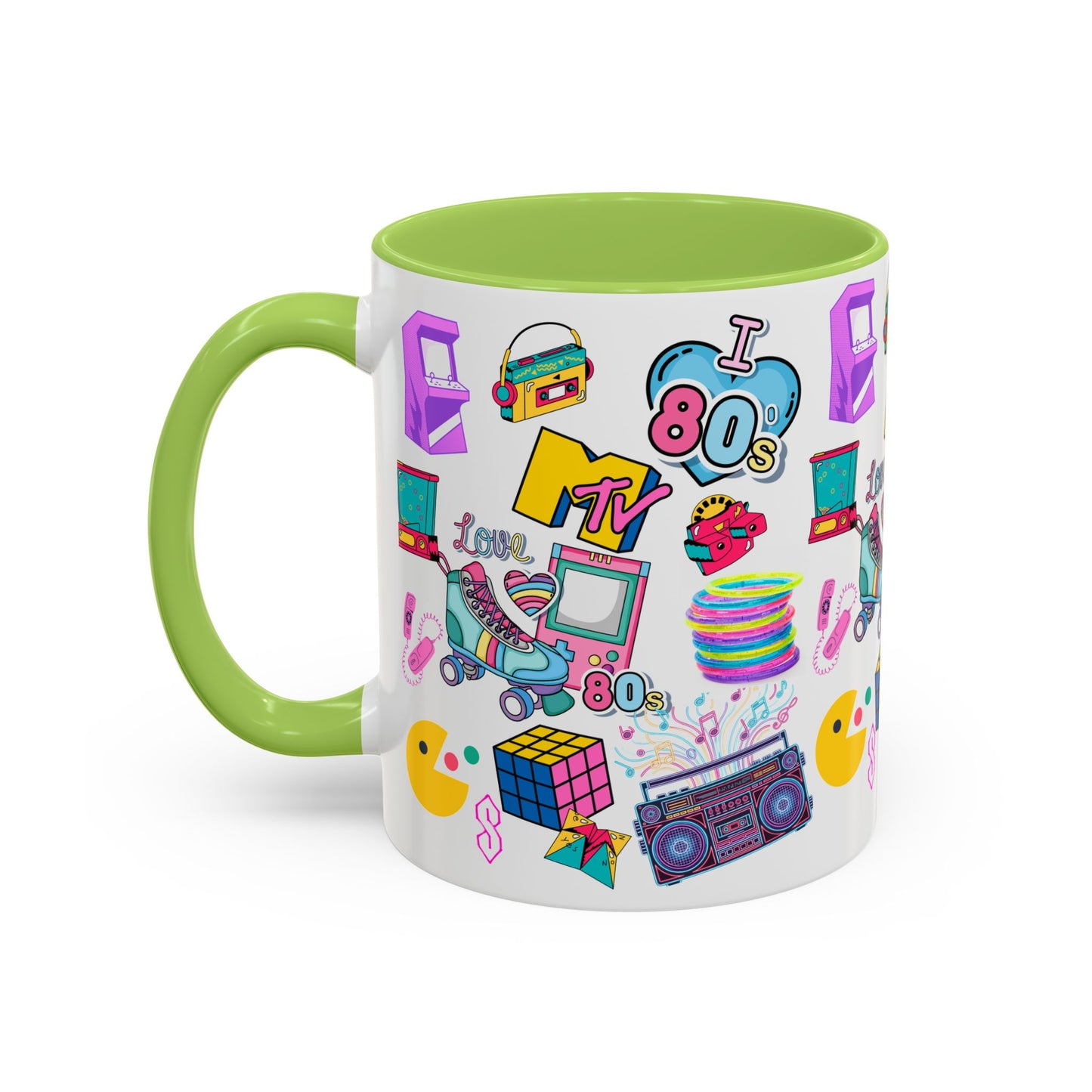 80s Retro Icons Accent Coffee Mug — Vintage MTV, Cassette & Arcade Pattern (11/15oz)