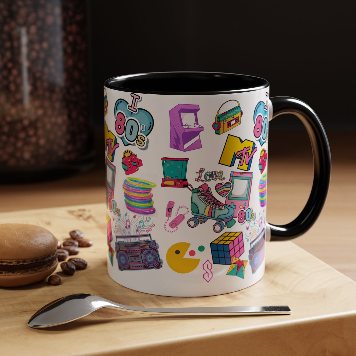 80s Retro Icons Accent Coffee Mug — Vintage MTV, Cassette & Arcade Pattern (11/15oz)