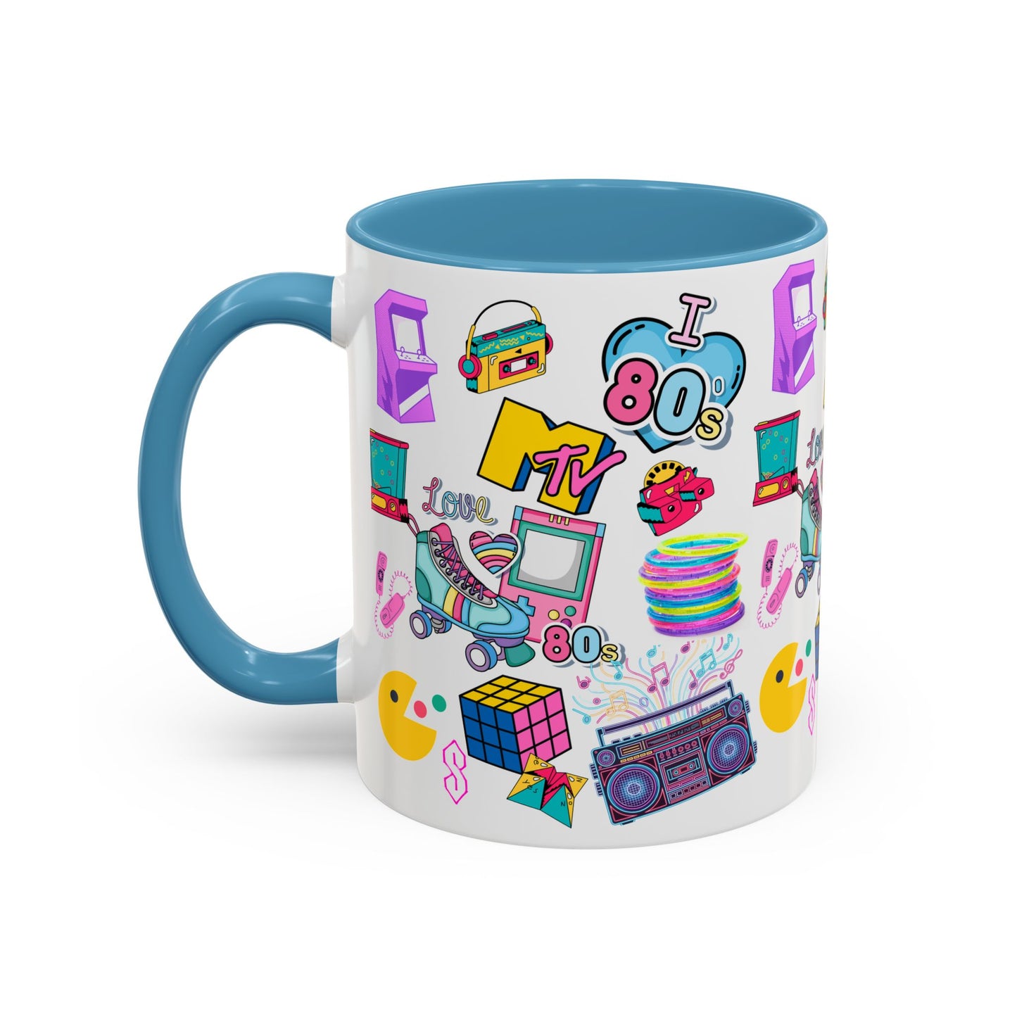 80s Retro Icons Accent Coffee Mug — Vintage MTV, Cassette & Arcade Pattern (11/15oz)
