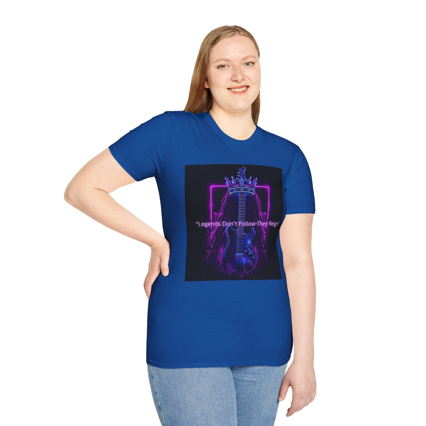 Rock Guitar T-Shirt - "Leaders Don’t Follow, They Reign" Neon Crown Design