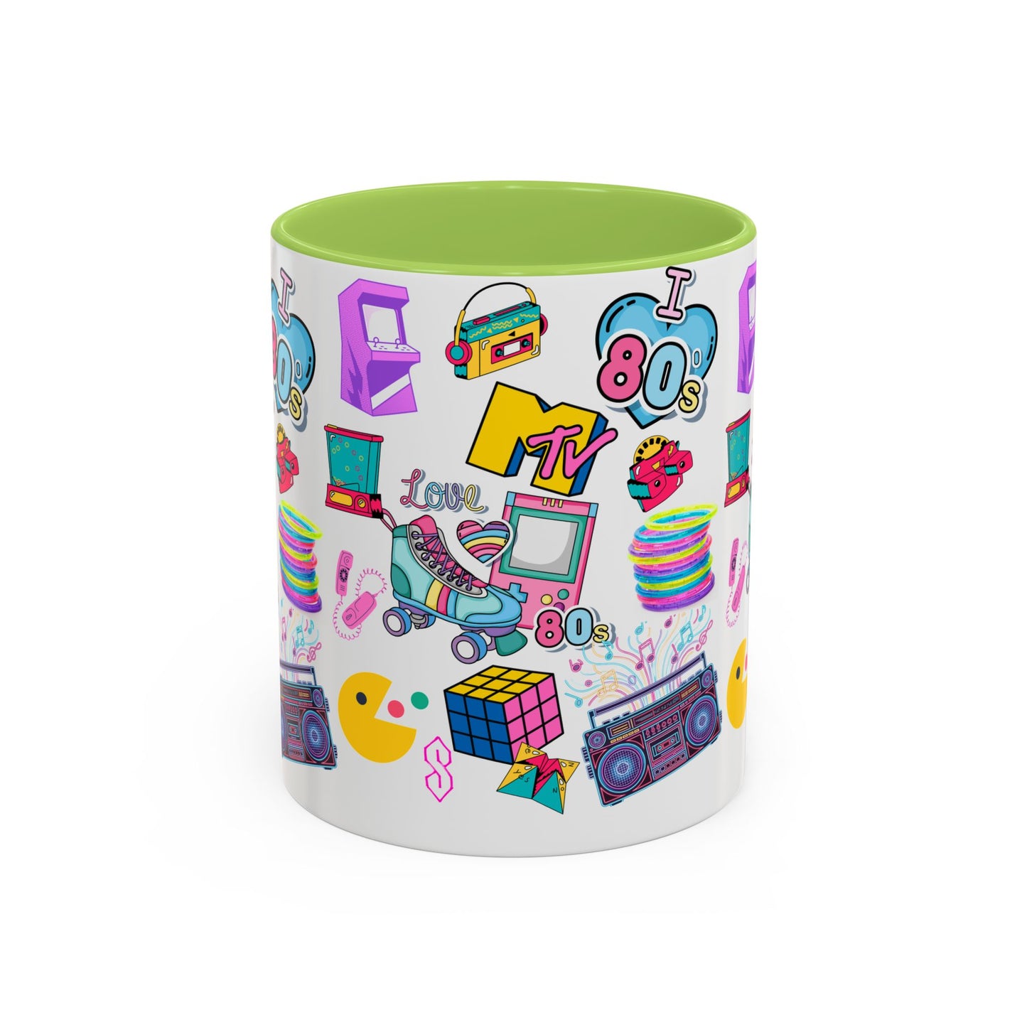 80s Retro Icons Accent Coffee Mug — Vintage MTV, Cassette & Arcade Pattern (11/15oz)