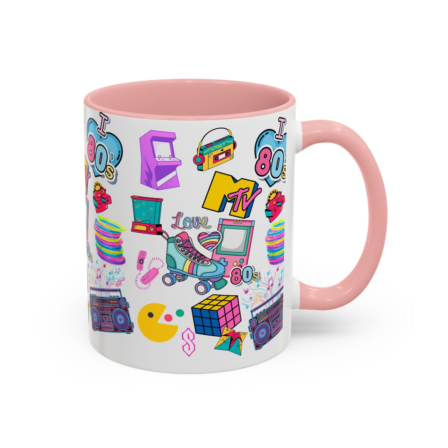 80s Retro Icons Accent Coffee Mug — Vintage MTV, Cassette & Arcade Pattern (11/15oz)