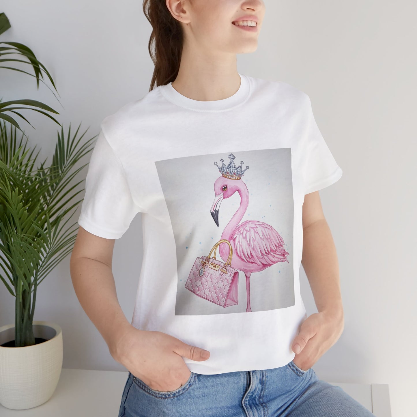 Flamingo Crown Tee — Pink Flamingo with Crown & Handbag Graphic Shirt