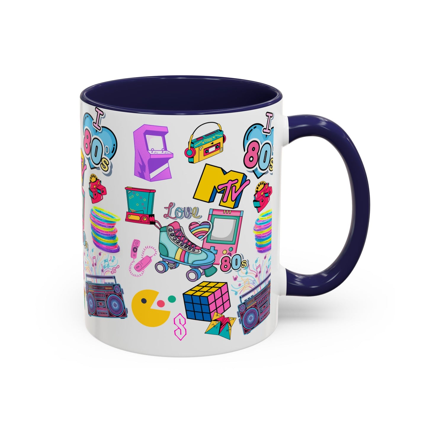 80s Retro Icons Accent Coffee Mug — Vintage MTV, Cassette & Arcade Pattern (11/15oz)
