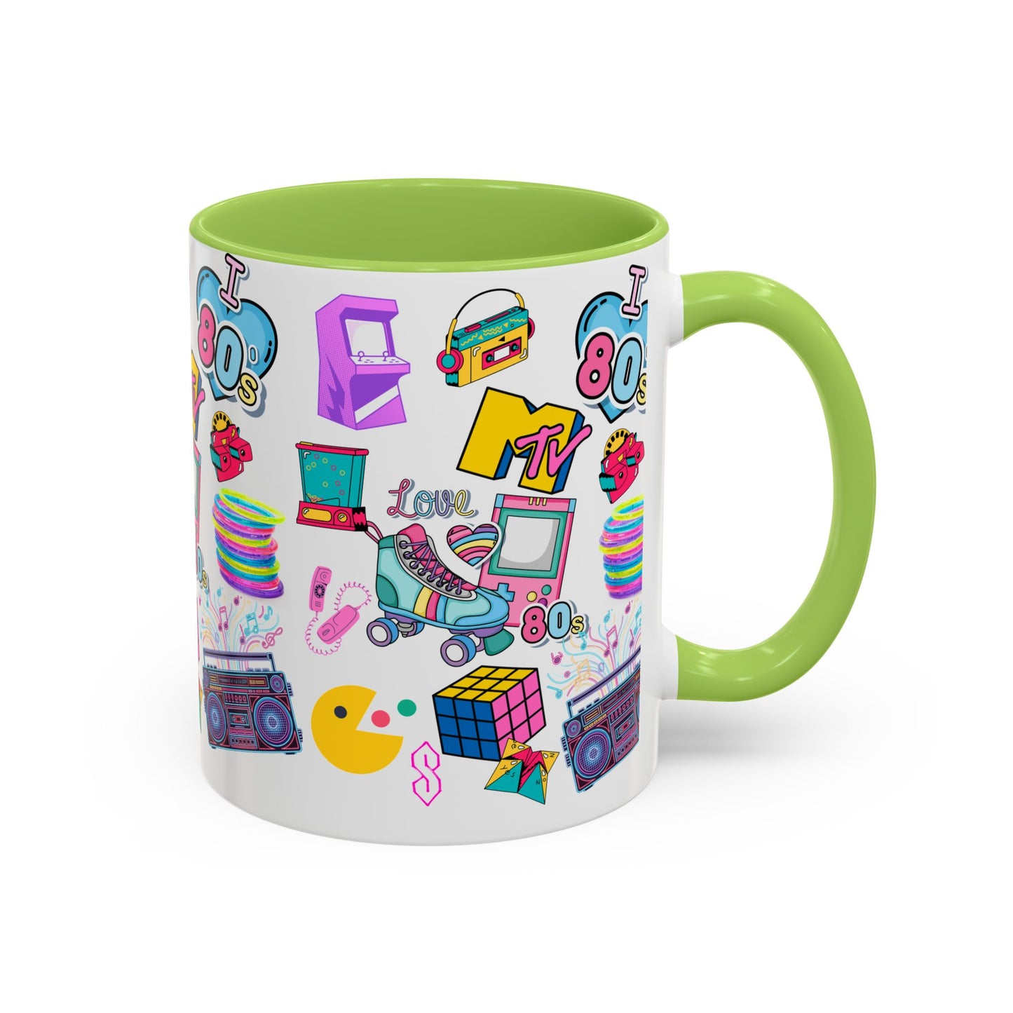 80s Retro Icons Accent Coffee Mug — Vintage MTV, Cassette & Arcade Pattern (11/15oz)