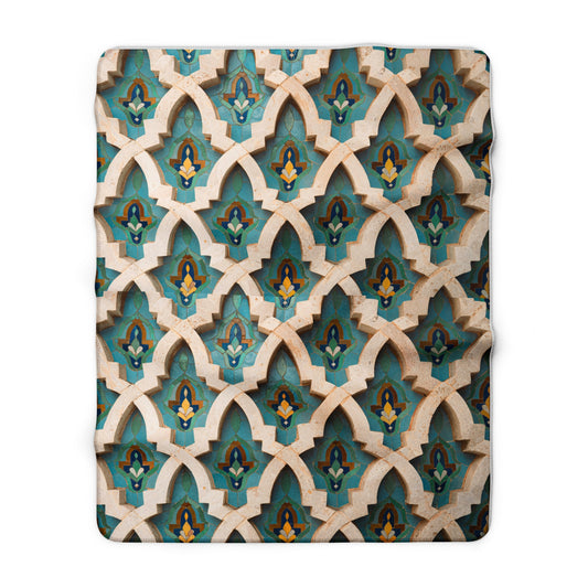 Moroccan Tile Sherpa Blanket — Teal & Gold Fleece Throw
