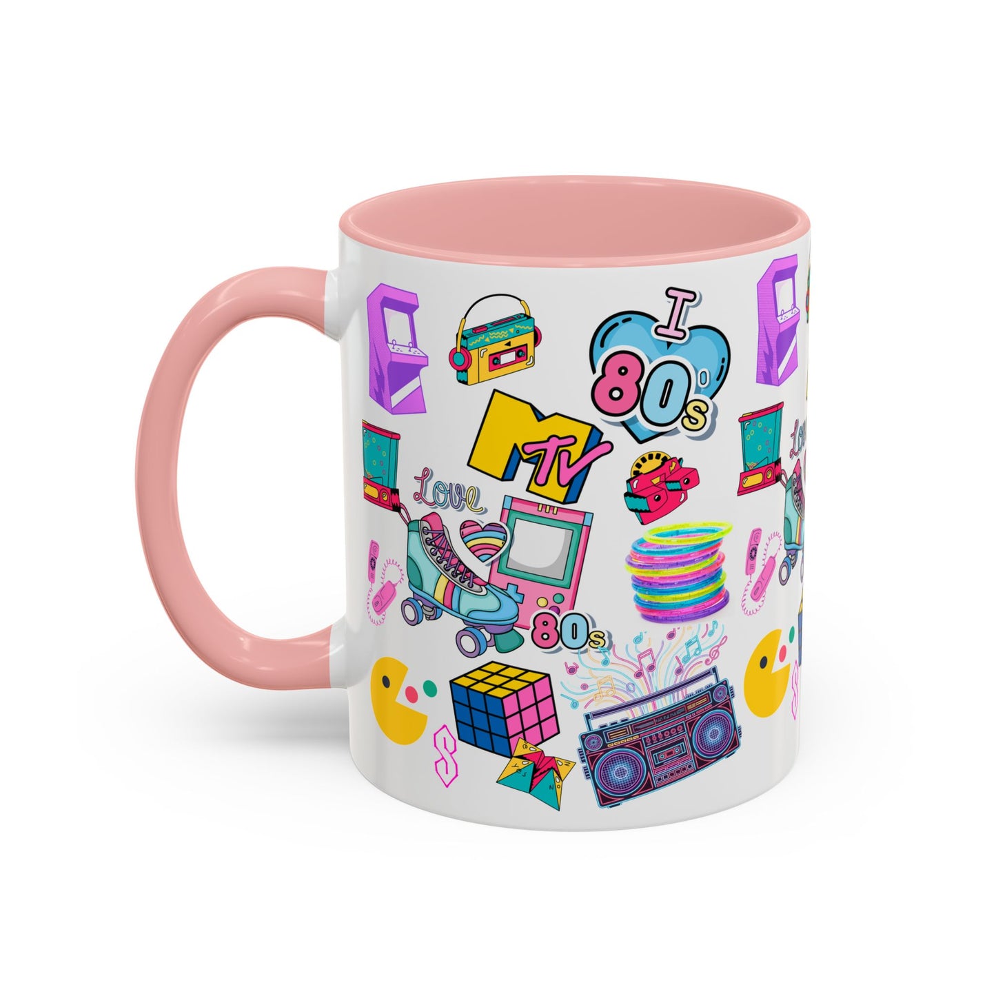 80s Retro Icons Accent Coffee Mug — Vintage MTV, Cassette & Arcade Pattern (11/15oz)