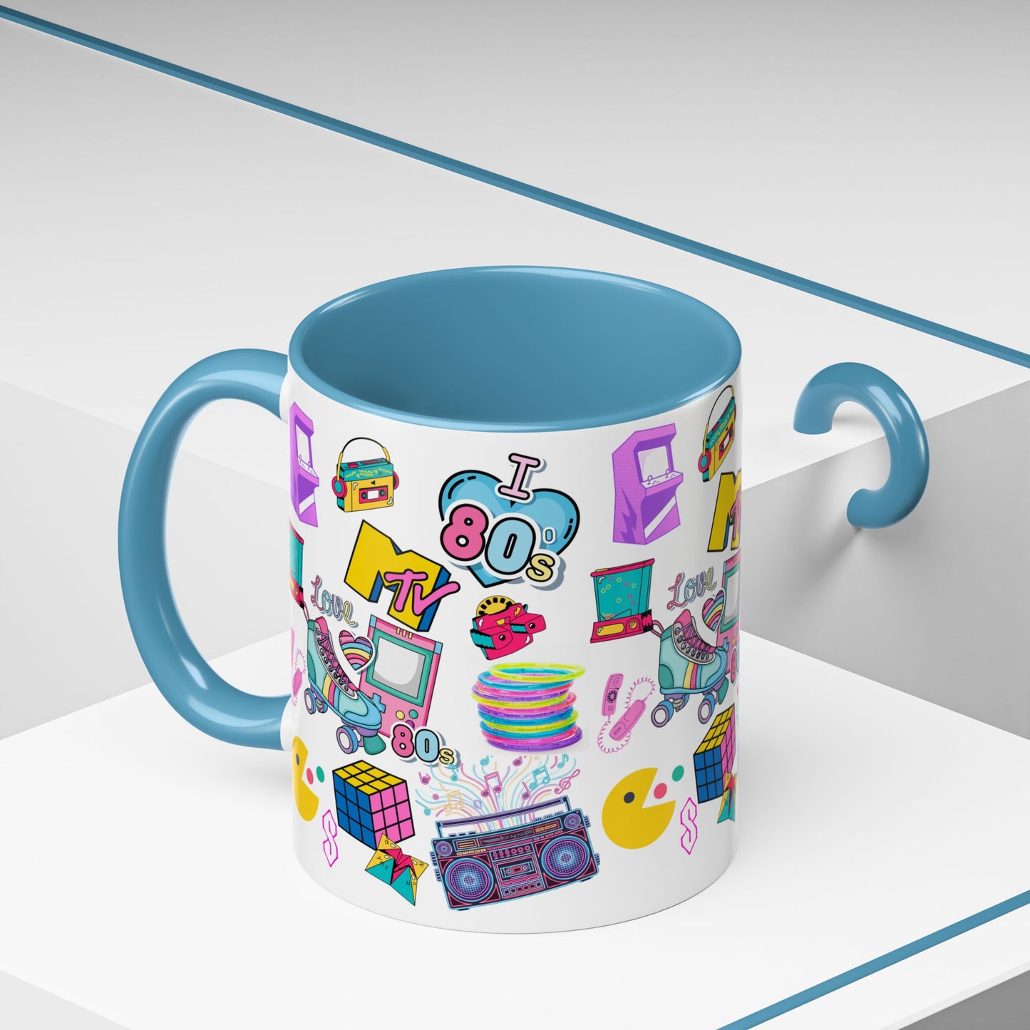 80s Retro Icons Accent Coffee Mug — Vintage MTV, Cassette & Arcade Pattern (11/15oz)