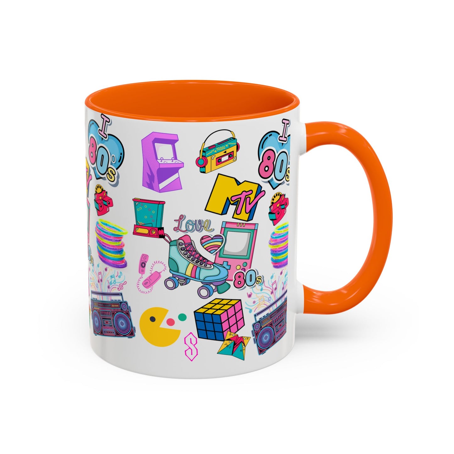80s Retro Icons Accent Coffee Mug — Vintage MTV, Cassette & Arcade Pattern (11/15oz)