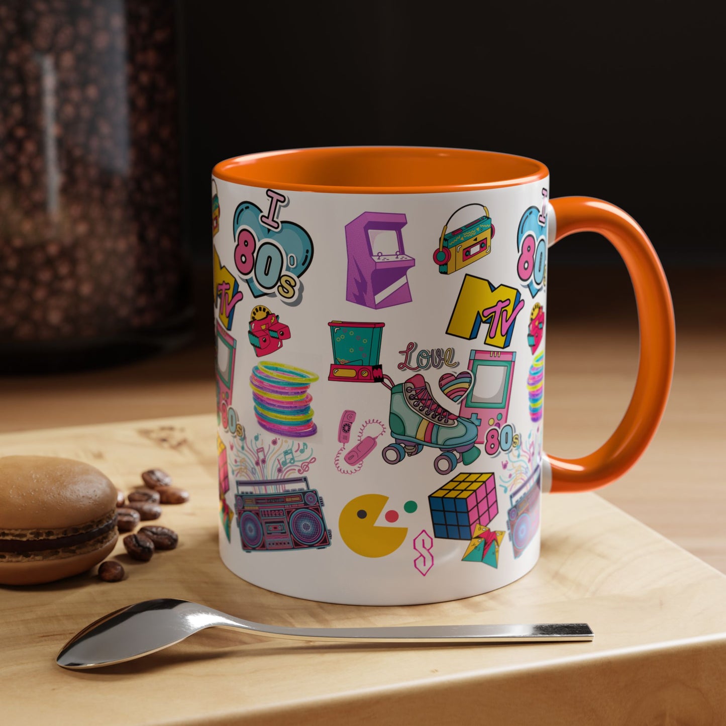 80s Retro Icons Accent Coffee Mug — Vintage MTV, Cassette & Arcade Pattern (11/15oz)