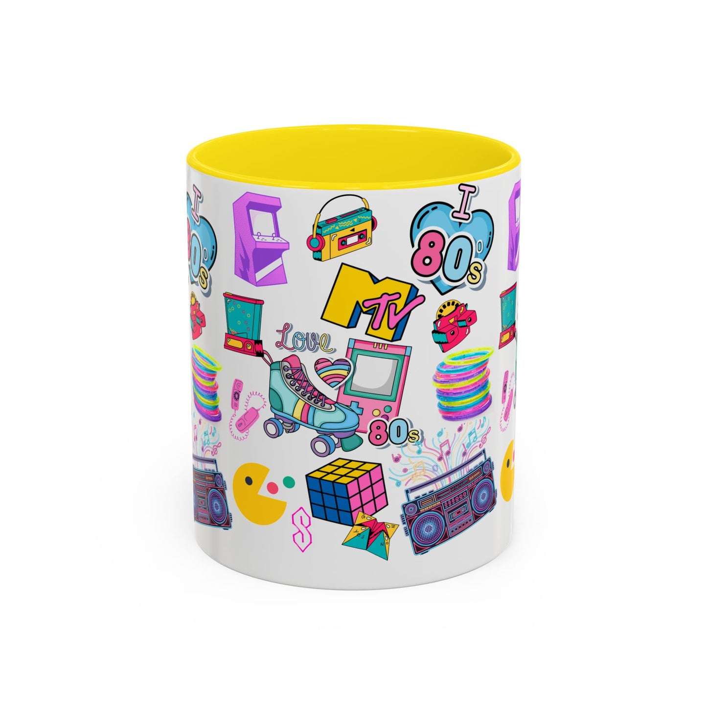 80s Retro Icons Accent Coffee Mug — Vintage MTV, Cassette & Arcade Pattern (11/15oz)