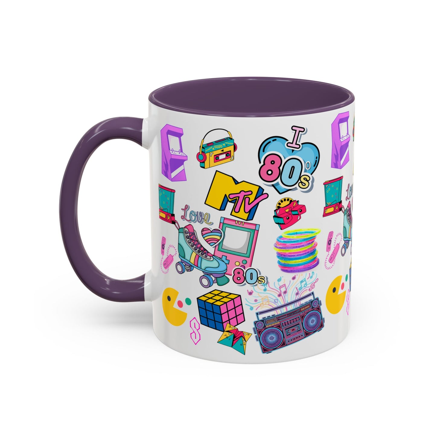 80s Retro Icons Accent Coffee Mug — Vintage MTV, Cassette & Arcade Pattern (11/15oz)