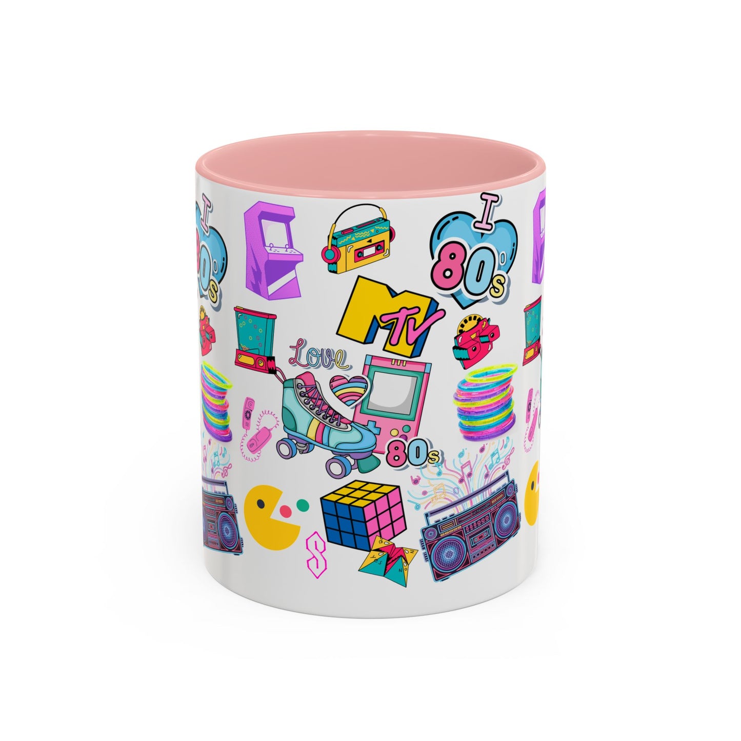 80s Retro Icons Accent Coffee Mug — Vintage MTV, Cassette & Arcade Pattern (11/15oz)