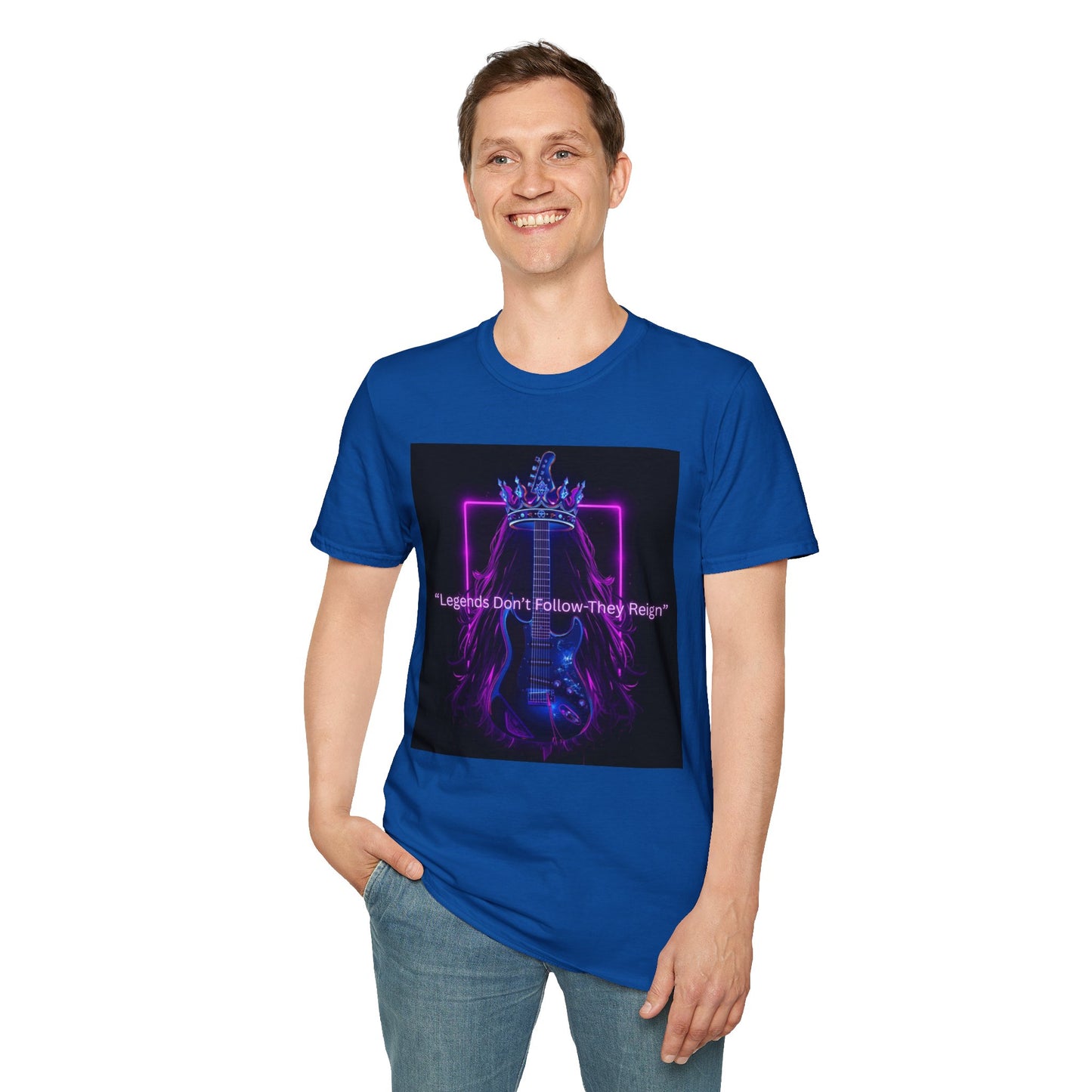 Rock Guitar T-Shirt - "Leaders Don’t Follow, They Reign" Neon Crown Design