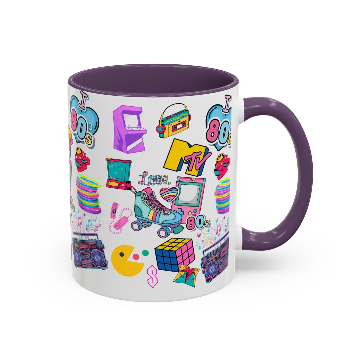 80s Retro Icons Accent Coffee Mug — Vintage MTV, Cassette & Arcade Pattern (11/15oz)