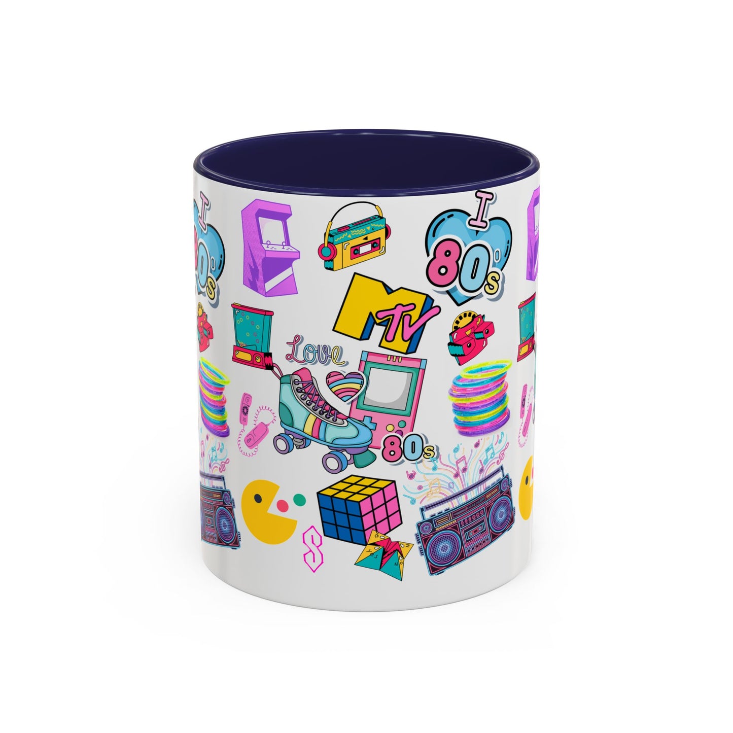 80s Retro Icons Accent Coffee Mug — Vintage MTV, Cassette & Arcade Pattern (11/15oz)