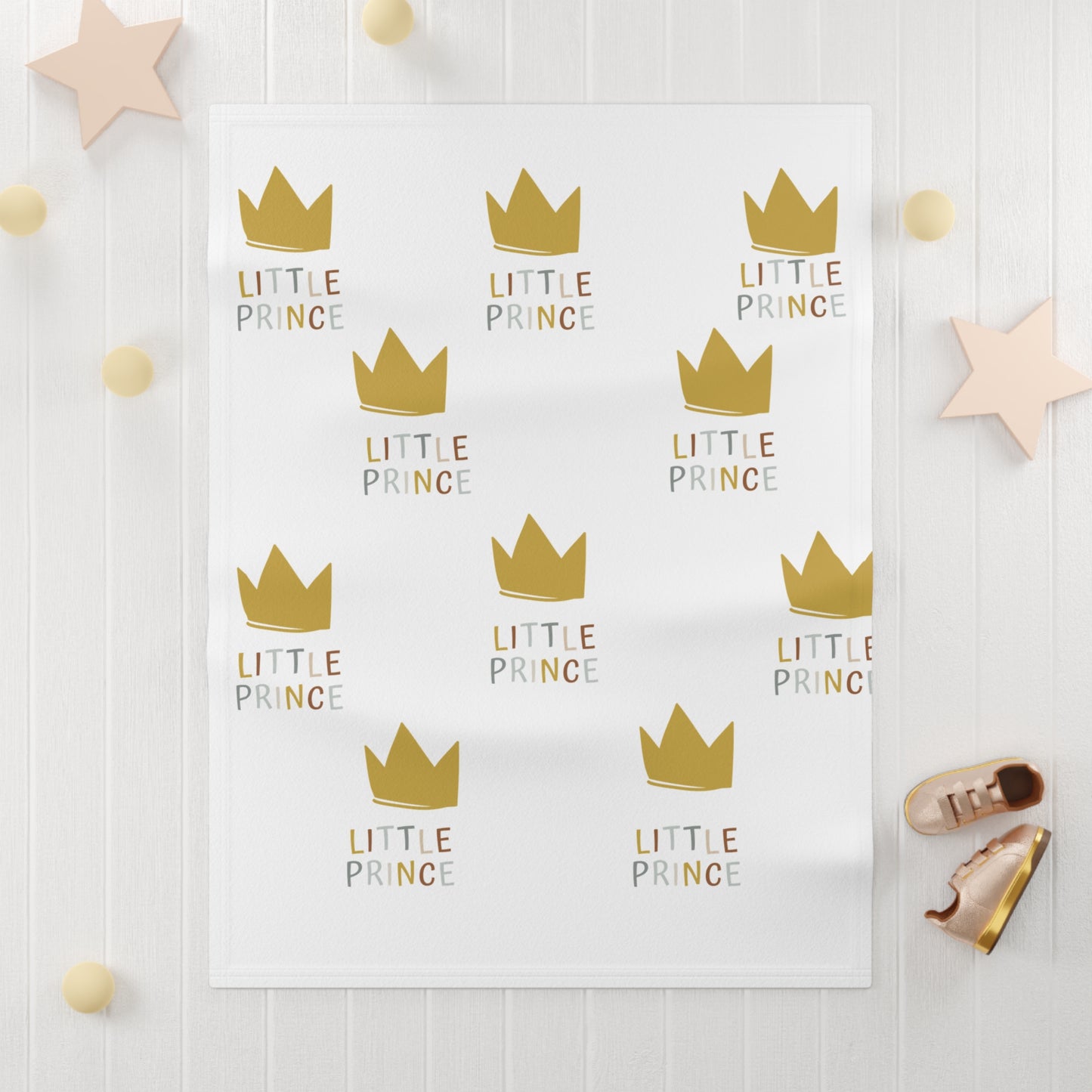 Little Prince Fleece Baby Blanket — Soft Gold Crown Nursery Throw