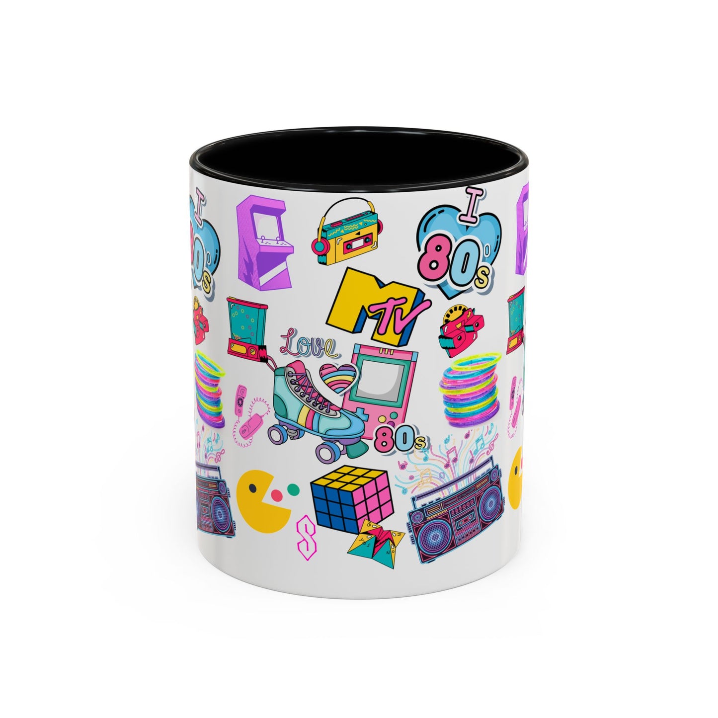 80s Retro Icons Accent Coffee Mug — Vintage MTV, Cassette & Arcade Pattern (11/15oz)