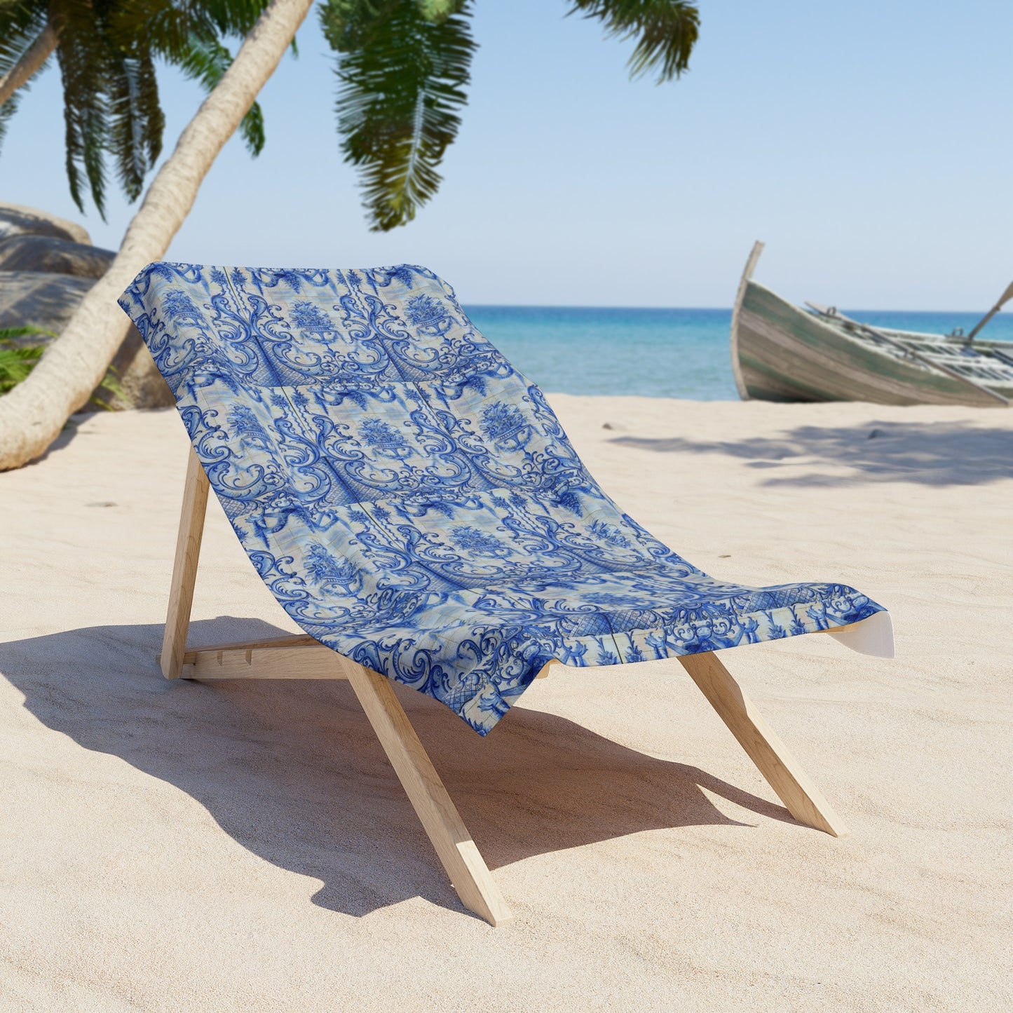 Blue Delft Tile Beach Towel – Vintage Floral Nautical Design