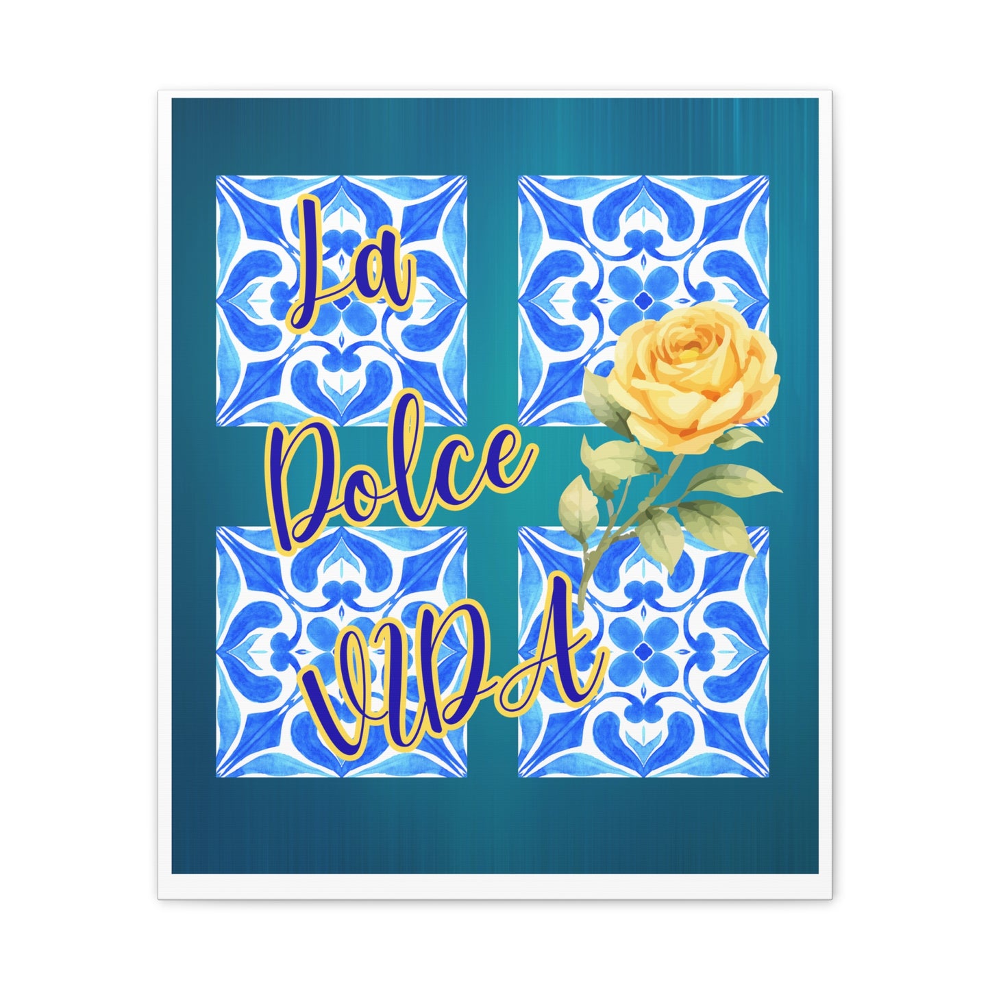 La Dolce Vida Canvas Wall Art – Yellow Rose & Blue Tile Stretched Canvas