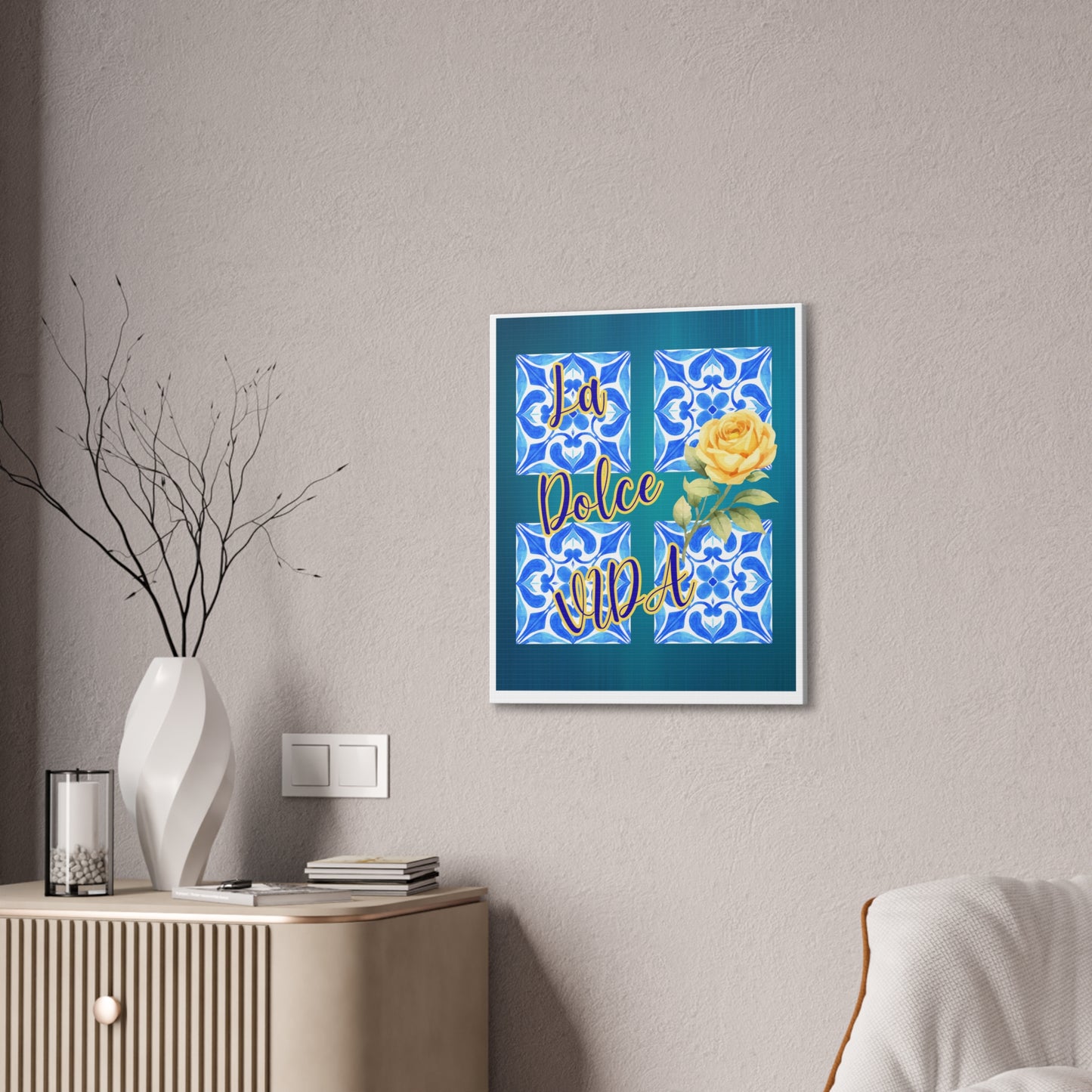 La Dolce Vida Canvas Wall Art – Yellow Rose & Blue Tile Stretched Canvas