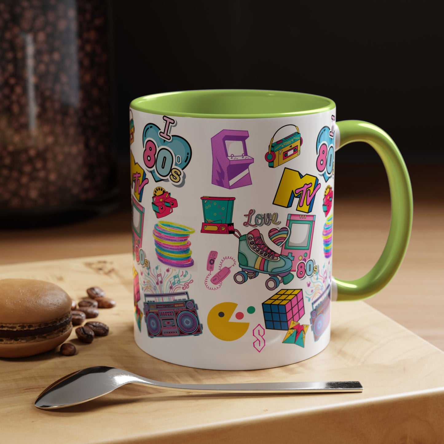 80s Retro Icons Accent Coffee Mug — Vintage MTV, Cassette & Arcade Pattern (11/15oz)