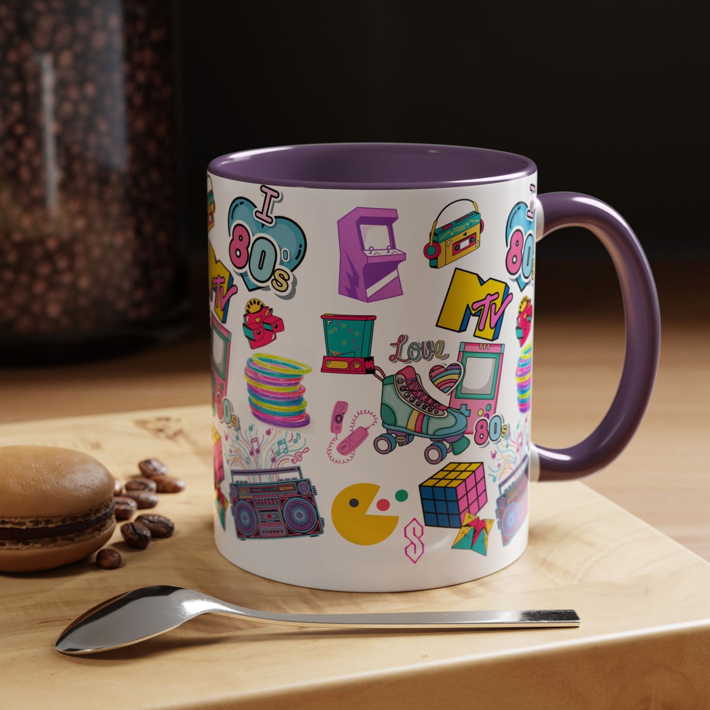 80s Retro Icons Accent Coffee Mug — Vintage MTV, Cassette & Arcade Pattern (11/15oz)