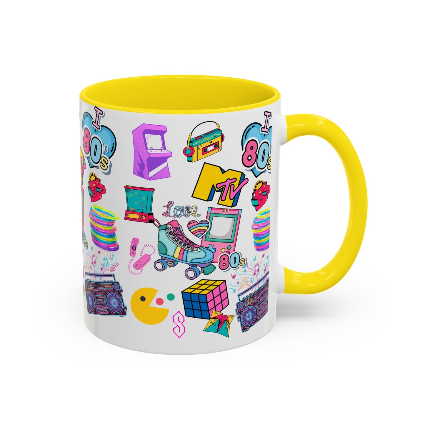 80s Retro Icons Accent Coffee Mug — Vintage MTV, Cassette & Arcade Pattern (11/15oz)