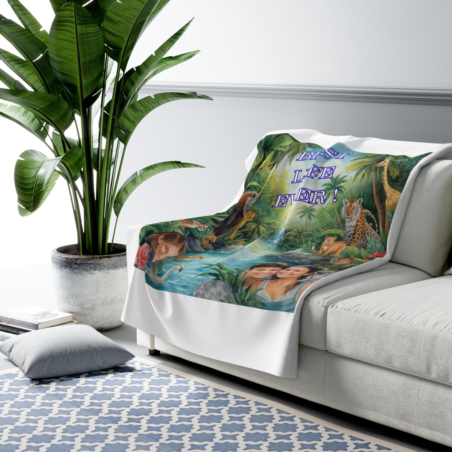 "BEST LIFE EVER!" Sherpa Blanket — Personalized Tropical Animal Throw
