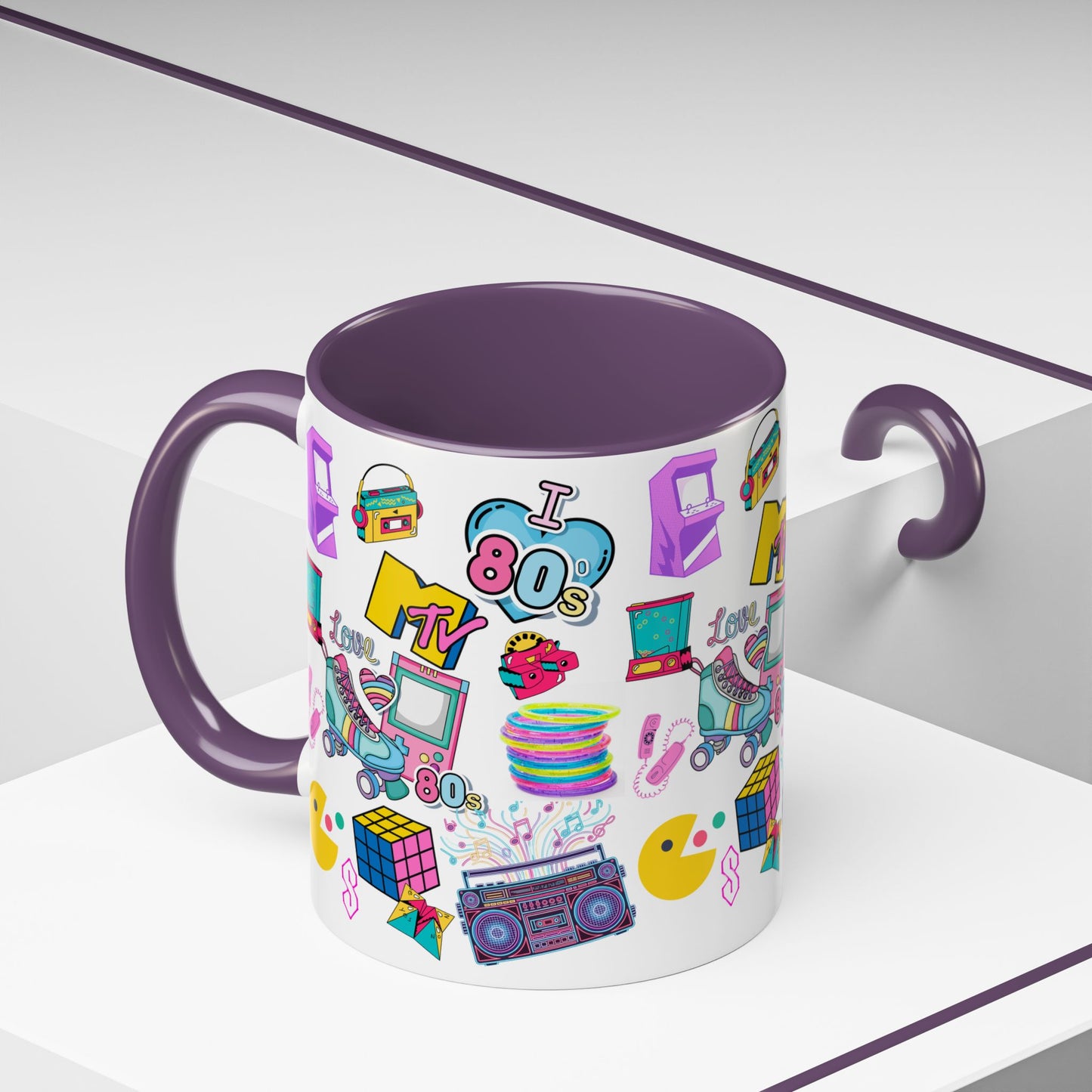 80s Retro Icons Accent Coffee Mug — Vintage MTV, Cassette & Arcade Pattern (11/15oz)