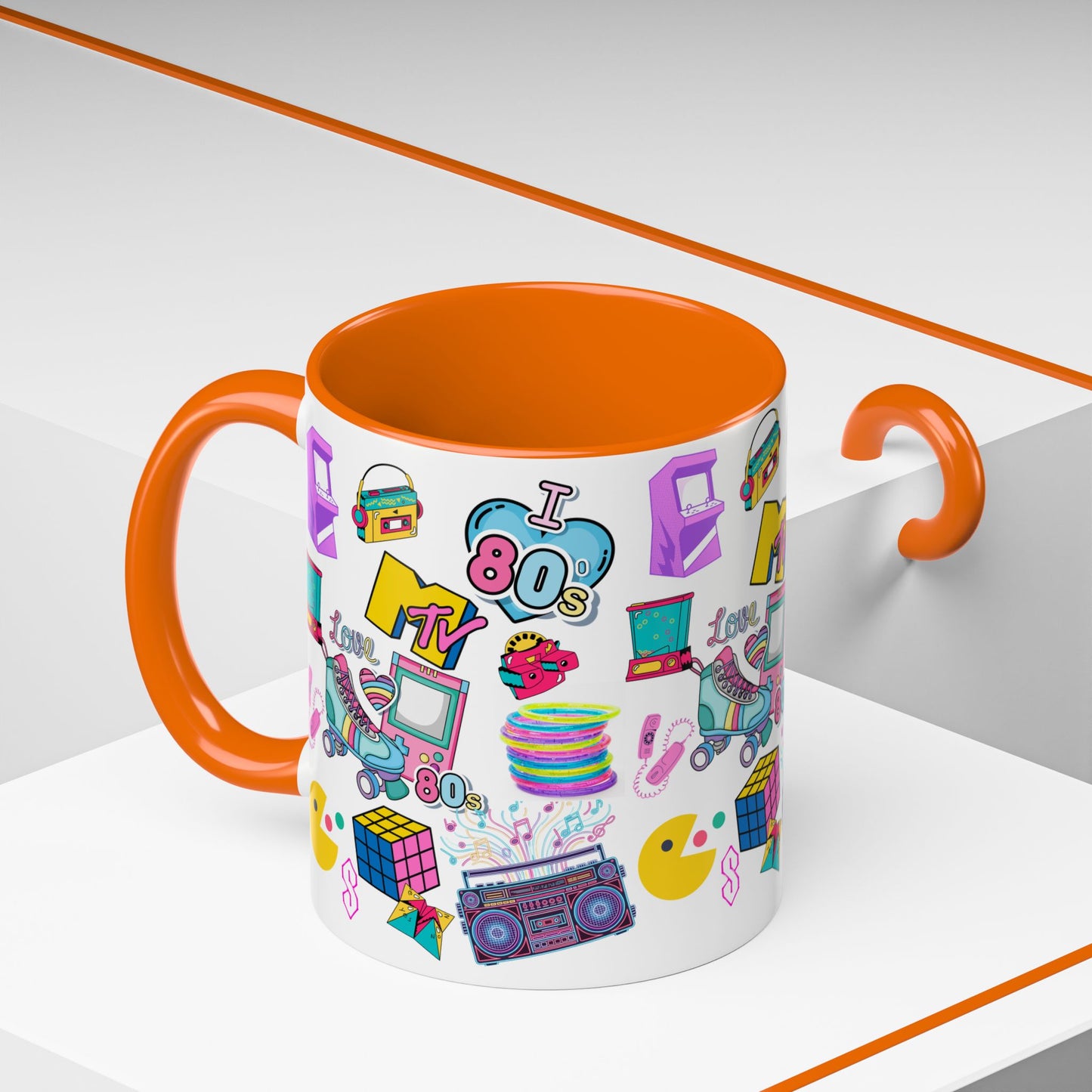 80s Retro Icons Accent Coffee Mug — Vintage MTV, Cassette & Arcade Pattern (11/15oz)