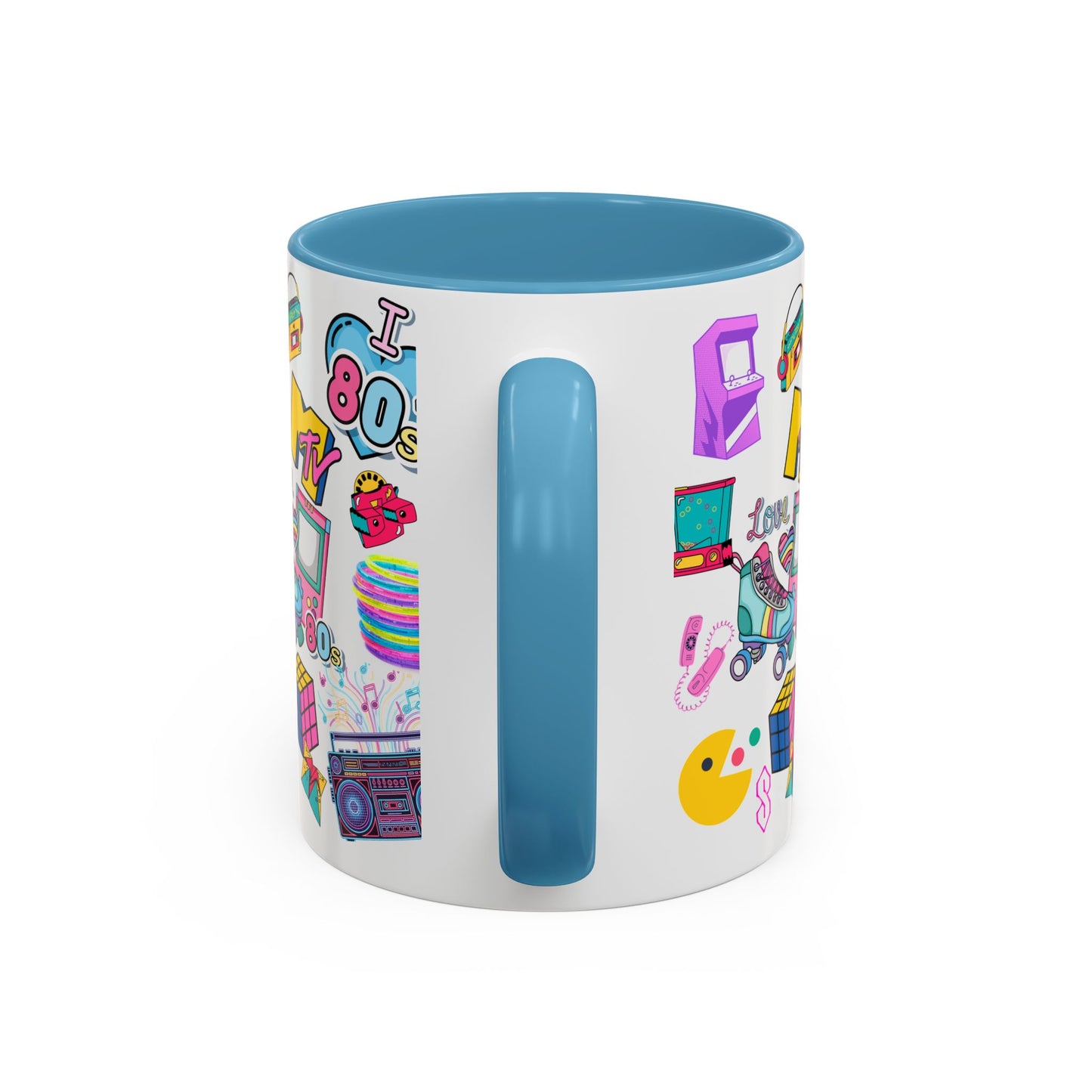 80s Retro Icons Accent Coffee Mug — Vintage MTV, Cassette & Arcade Pattern (11/15oz)