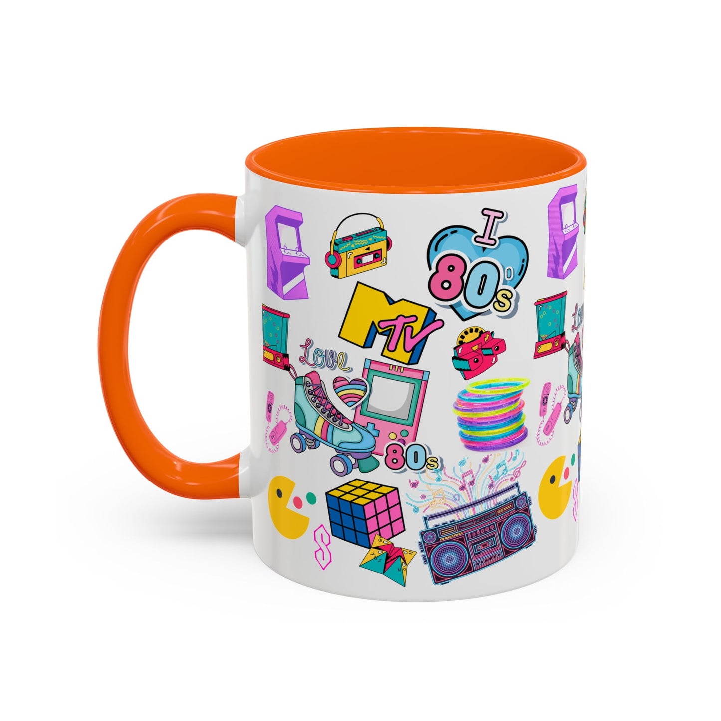 80s Retro Icons Accent Coffee Mug — Vintage MTV, Cassette & Arcade Pattern (11/15oz)