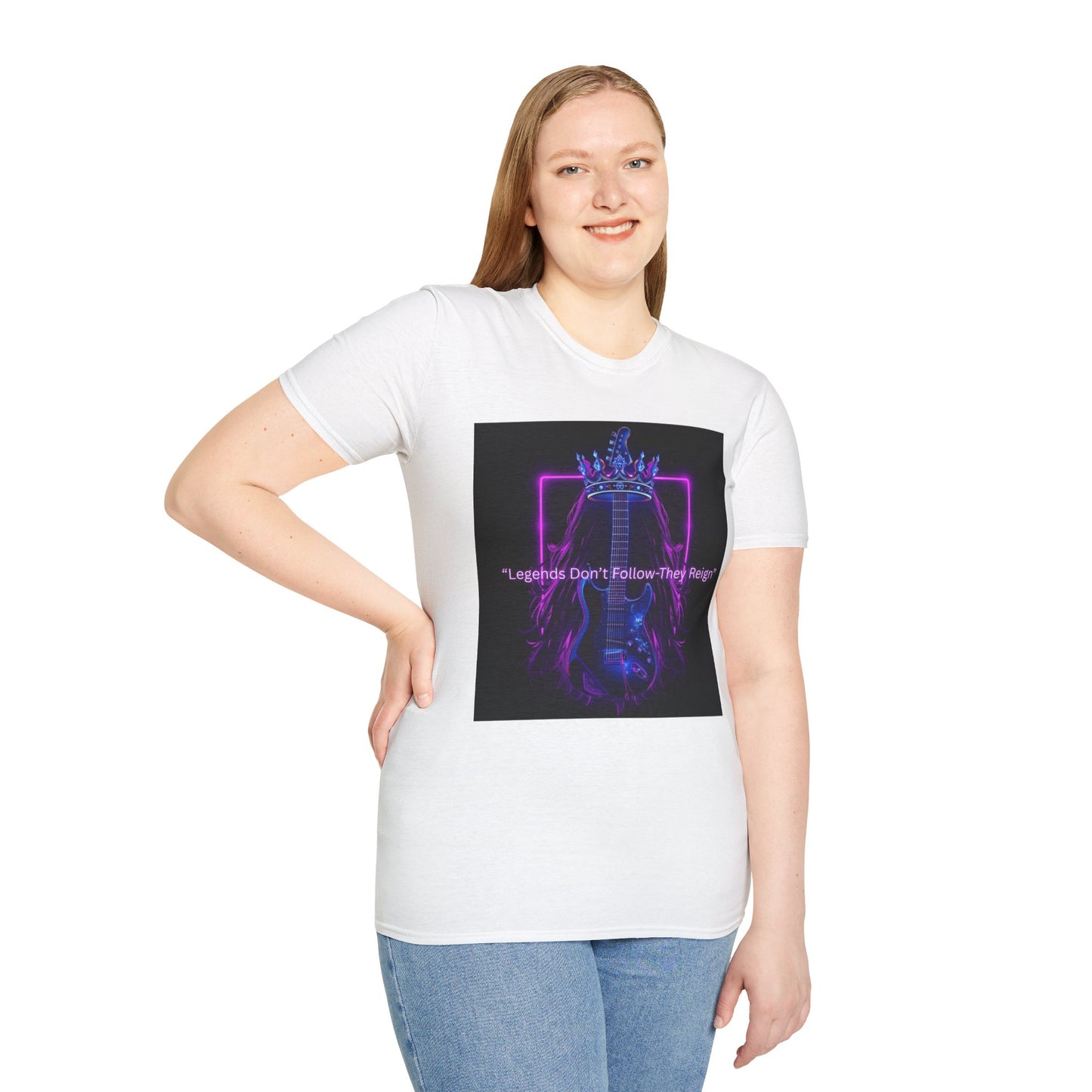 Rock Guitar T-Shirt - "Leaders Don’t Follow, They Reign" Neon Crown Design