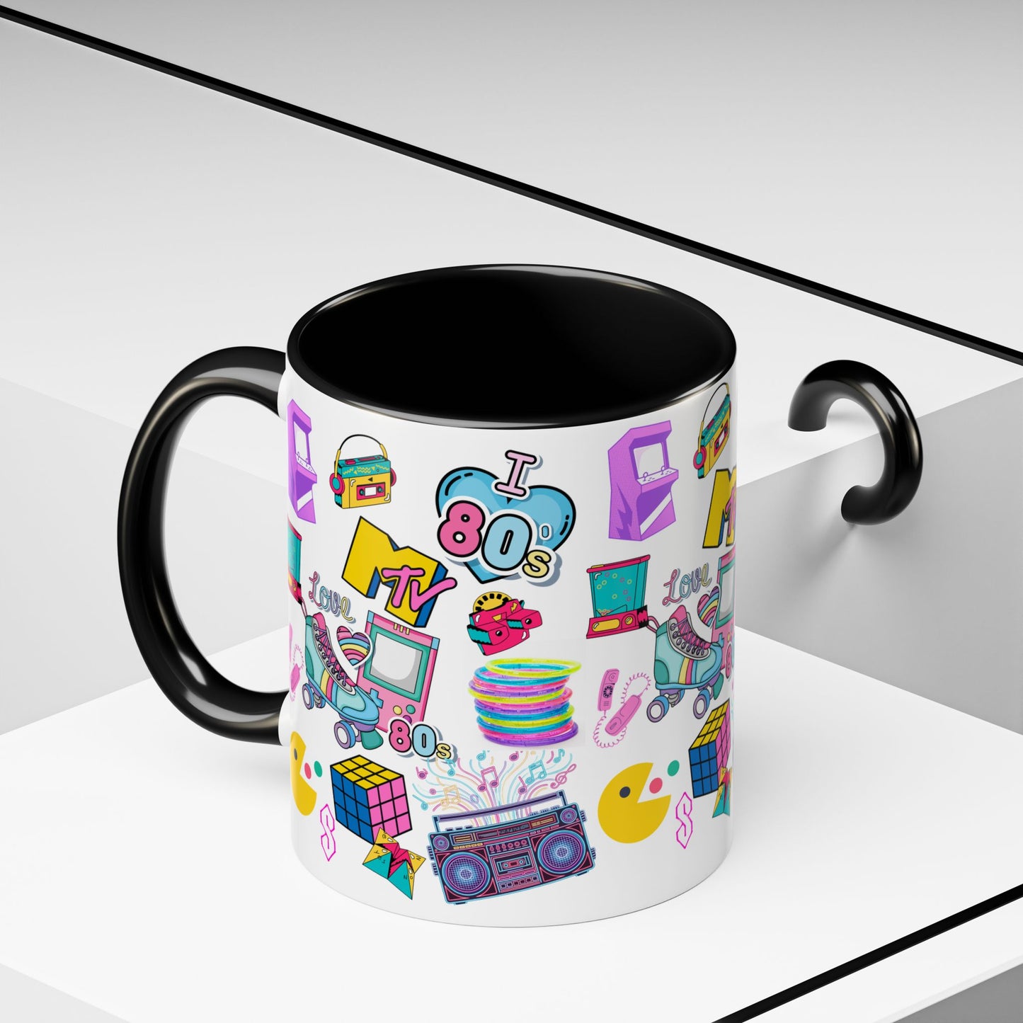 80s Retro Icons Accent Coffee Mug — Vintage MTV, Cassette & Arcade Pattern (11/15oz)