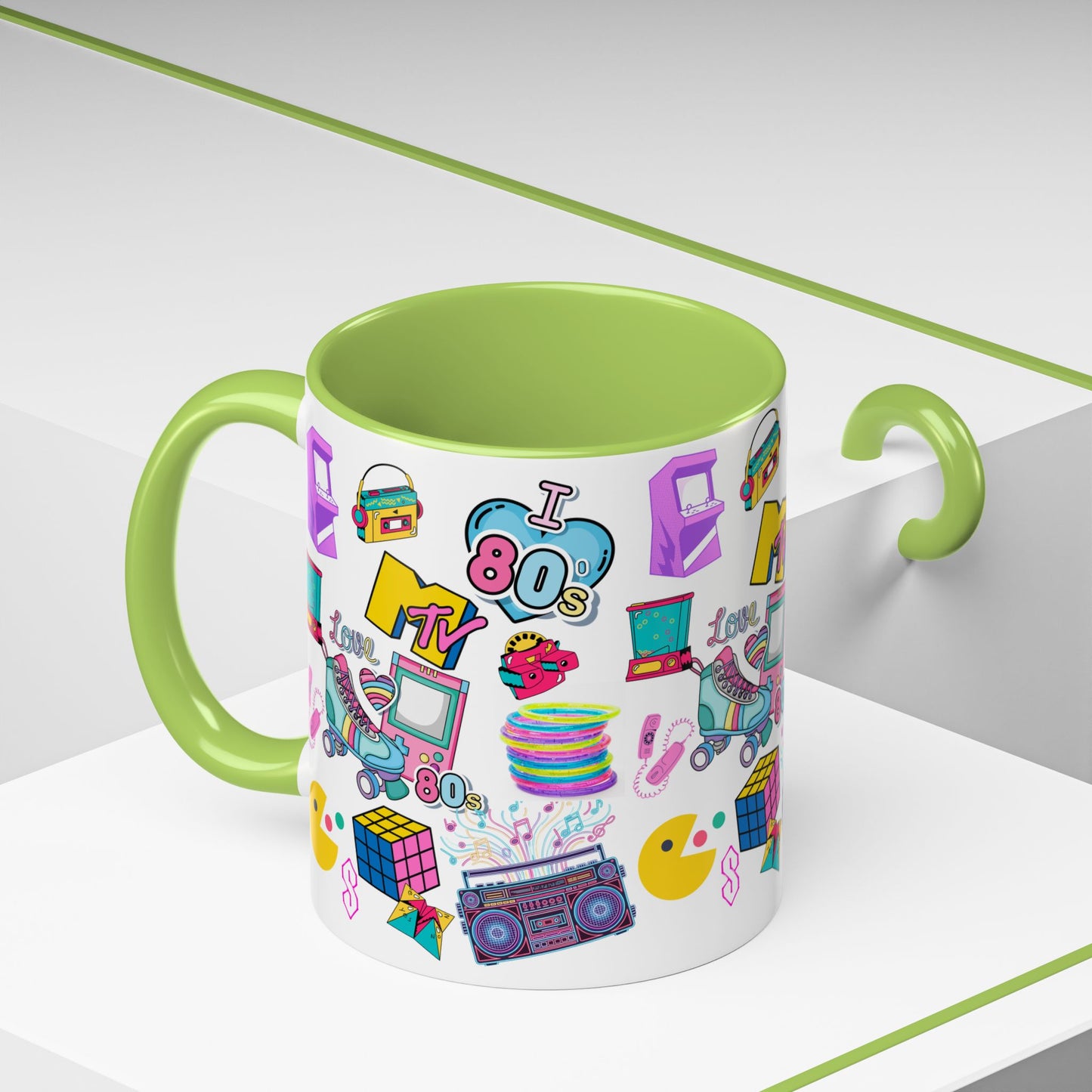 80s Retro Icons Accent Coffee Mug — Vintage MTV, Cassette & Arcade Pattern (11/15oz)