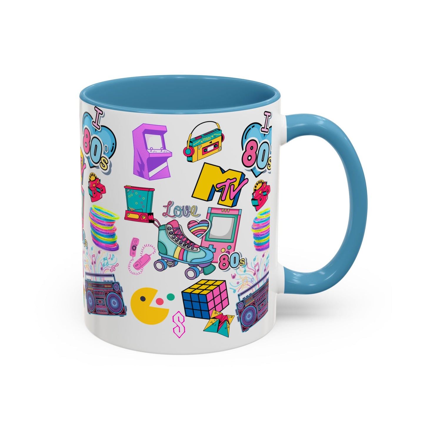 80s Retro Icons Accent Coffee Mug — Vintage MTV, Cassette & Arcade Pattern (11/15oz)