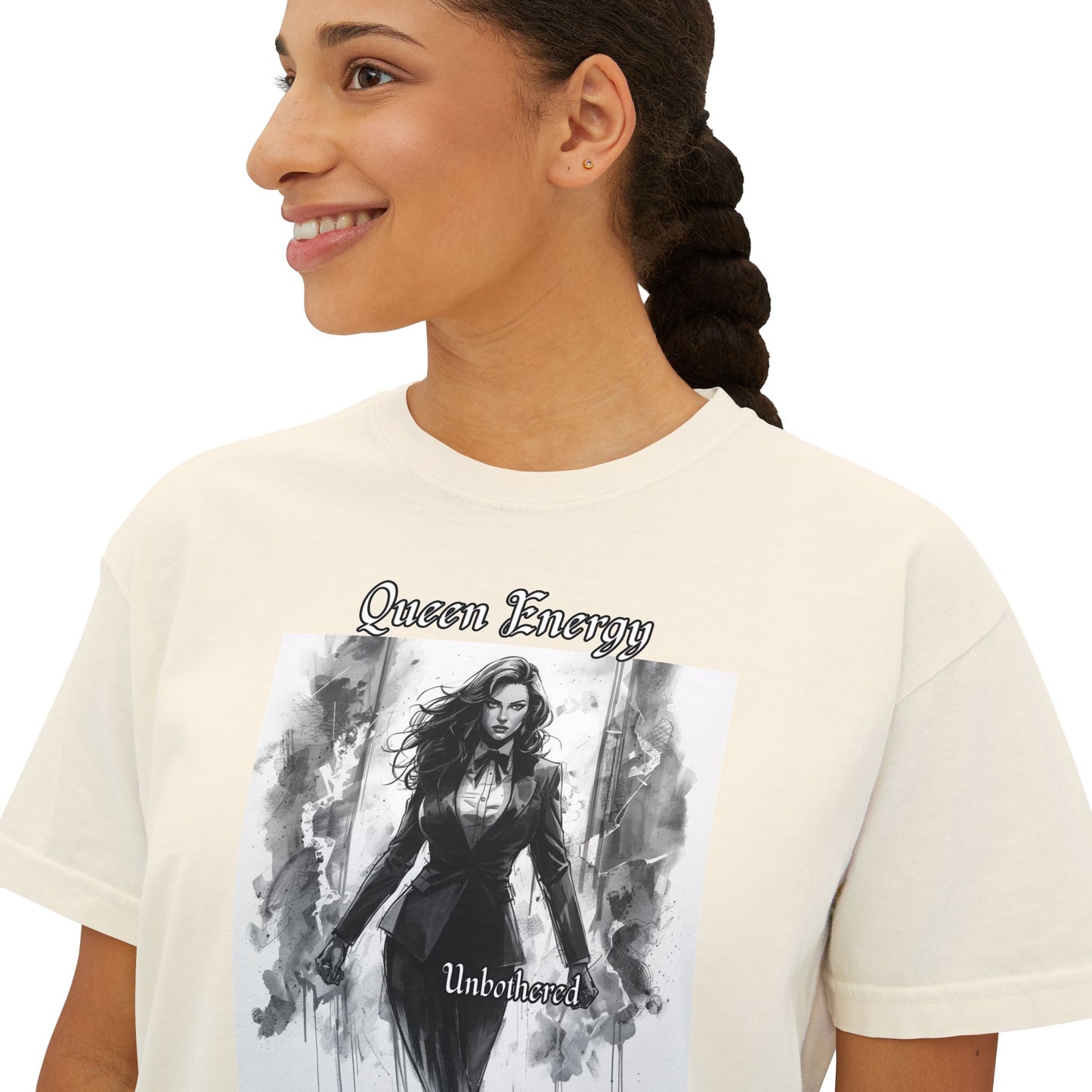 Queen Energy Women's Boxy Tee — Empowered Gothic Portrait Graphic Shirt