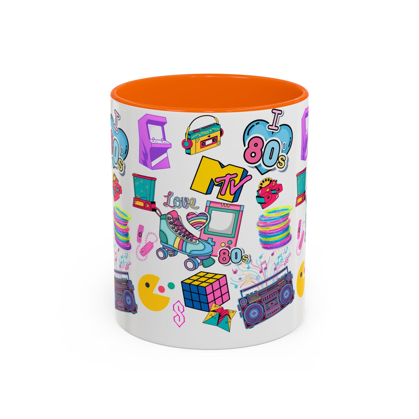 80s Retro Icons Accent Coffee Mug — Vintage MTV, Cassette & Arcade Pattern (11/15oz)